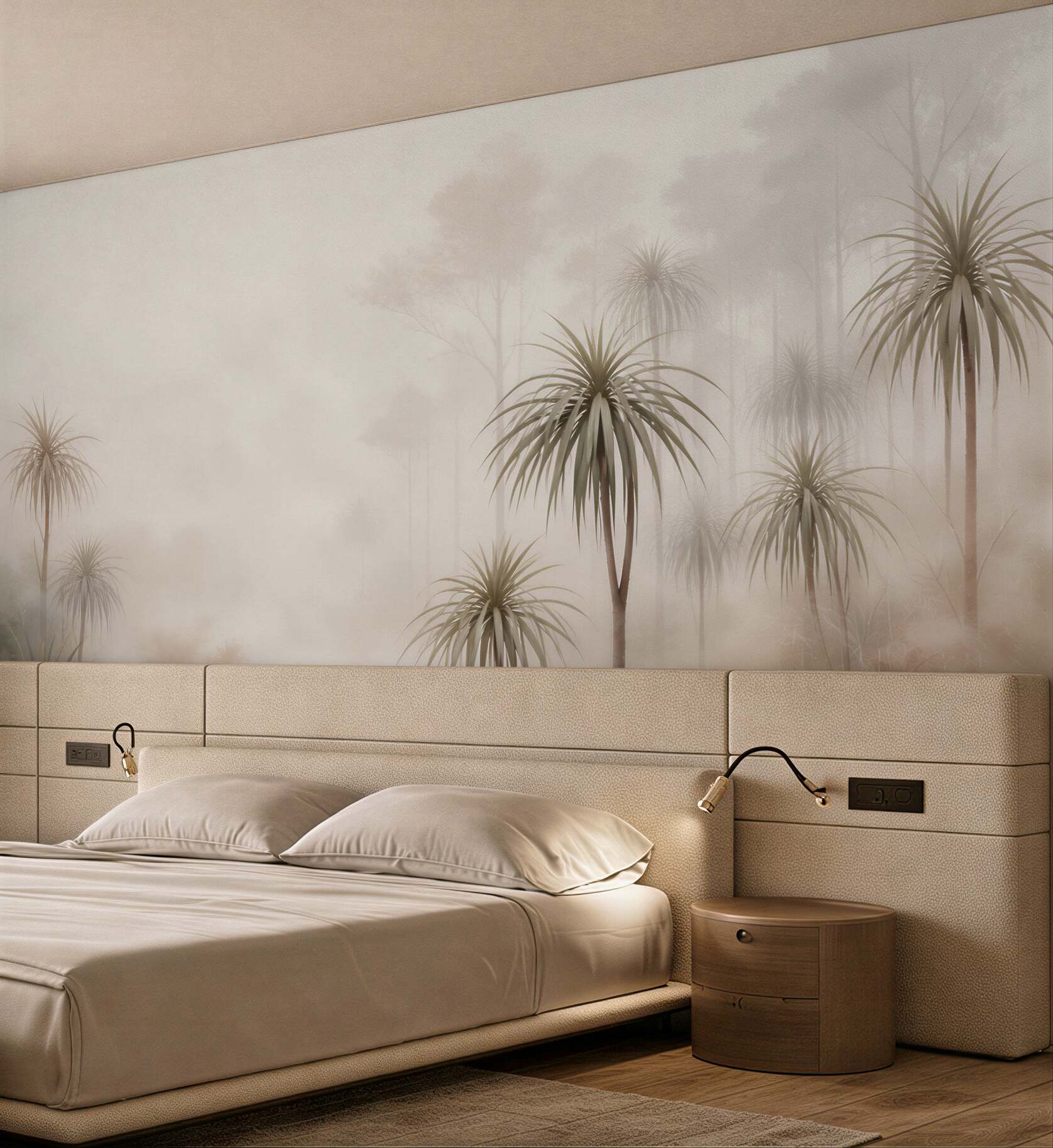 Fototapeta egzotyczne drzewa we mgle beżowa spokojny krajobraz