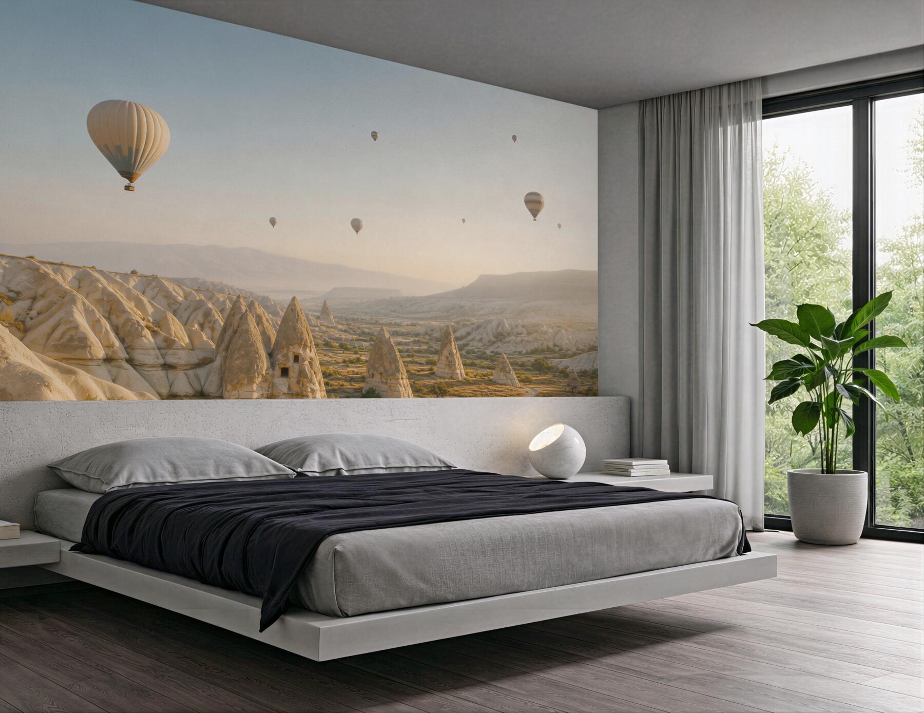 Fototapeta balony nad skalną doliną o wschodzie słońca