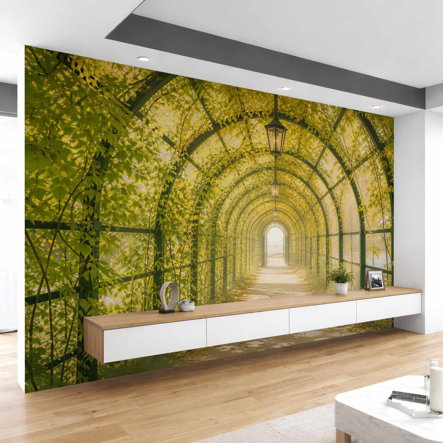 Fototapeta zielony tunel z pnączy i lampionów romantyczna alejka