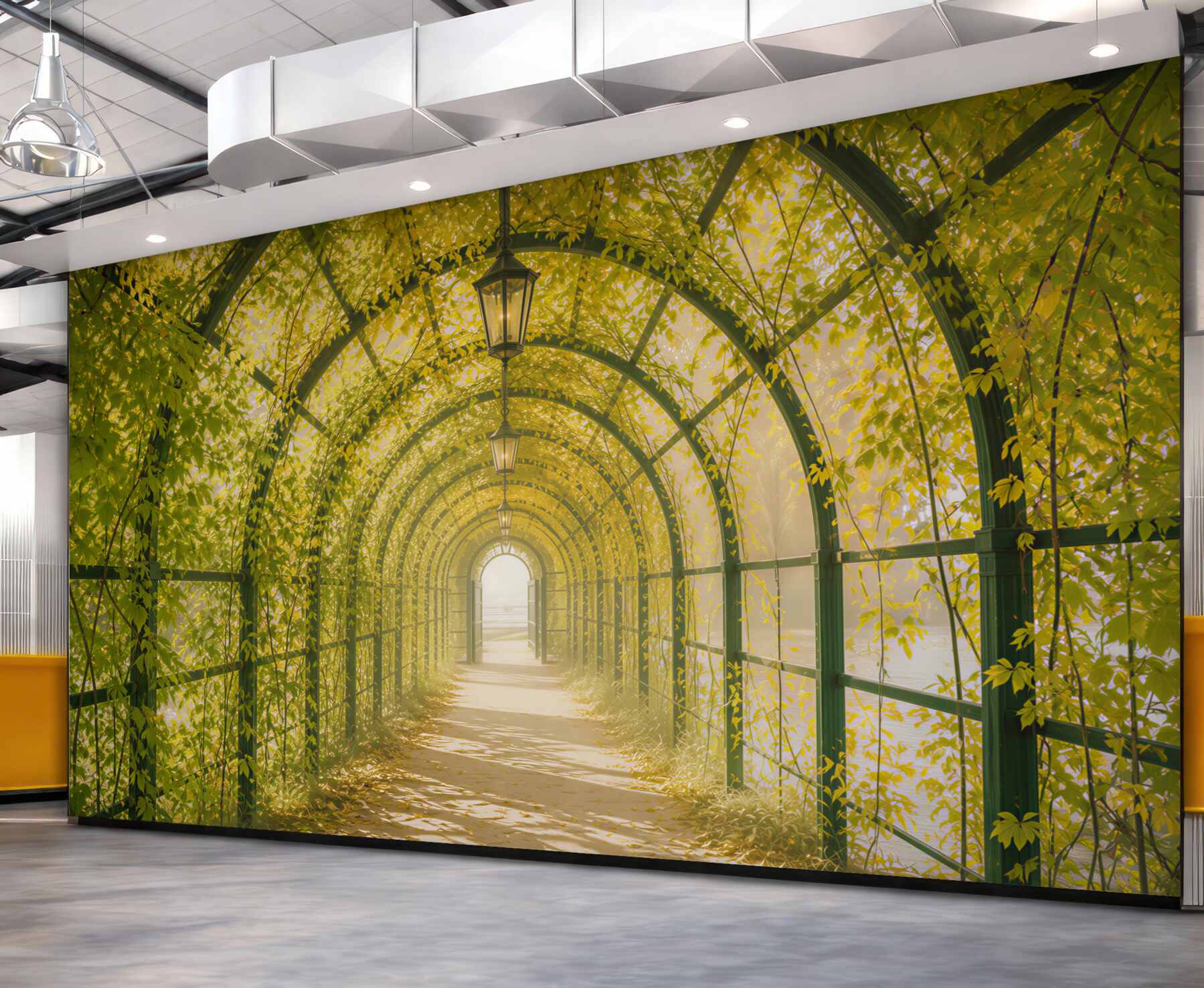 Fototapeta zielony tunel z pnączy i lampionów romantyczna alejka