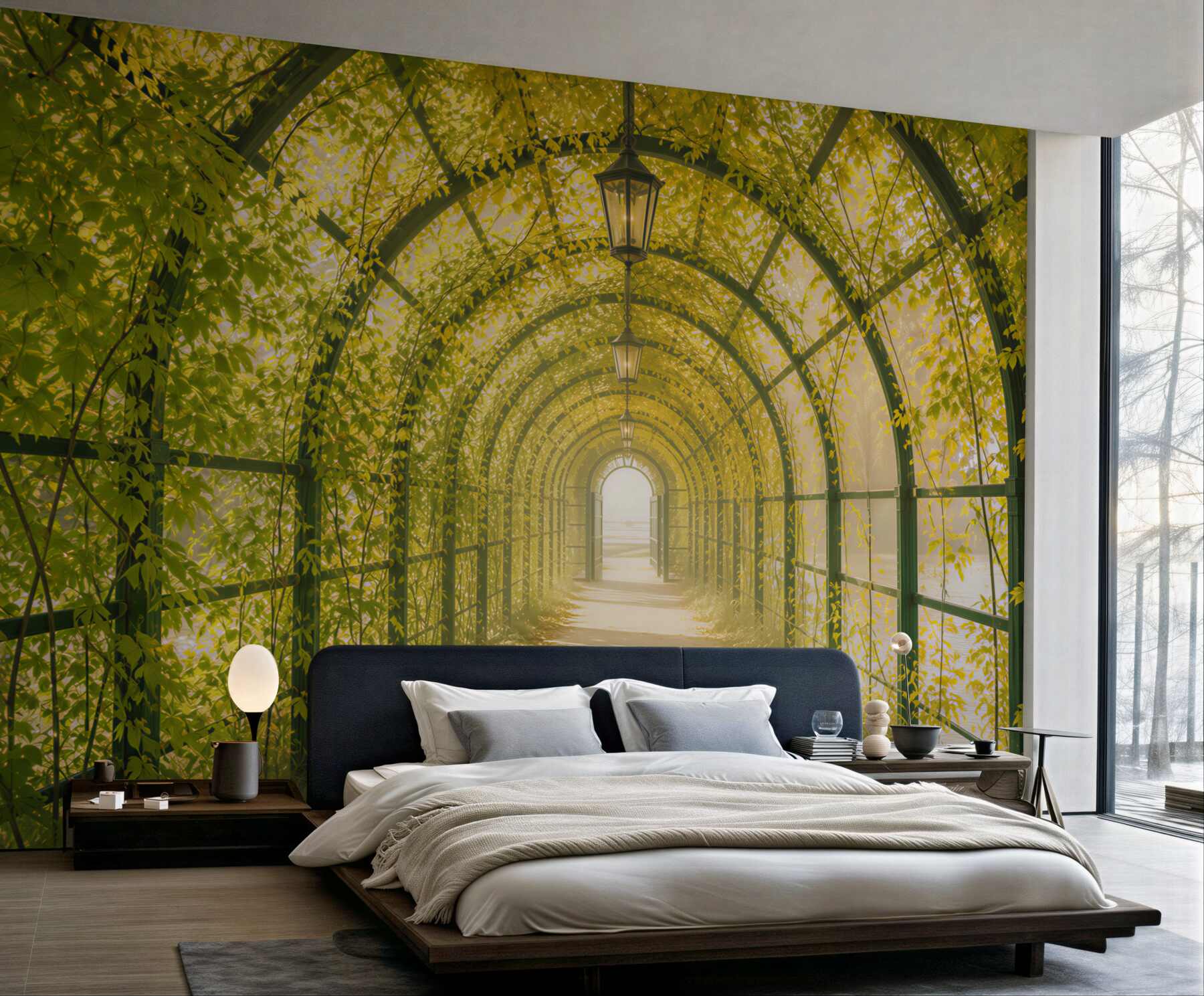 Fototapeta zielony tunel z pnączy i lampionów romantyczna alejka