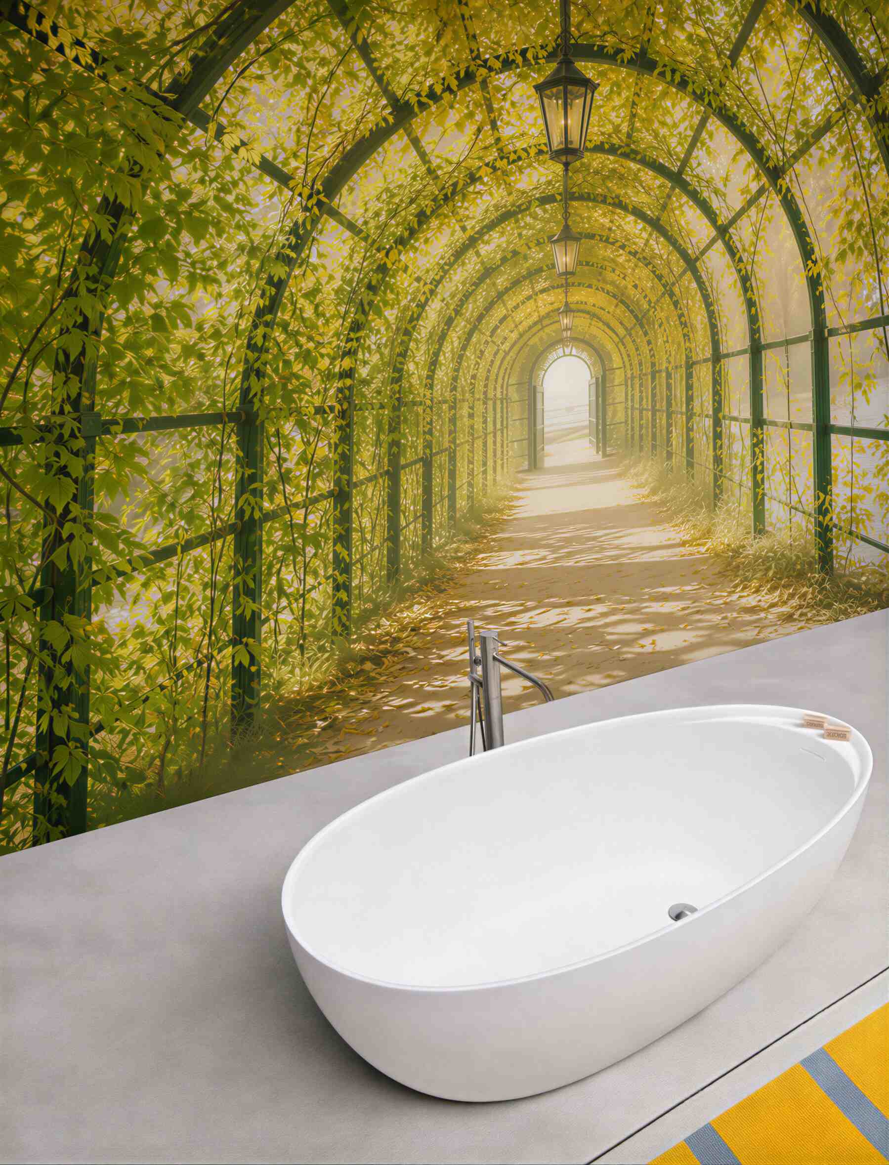 Fototapeta zielony tunel z pnączy i lampionów romantyczna alejka