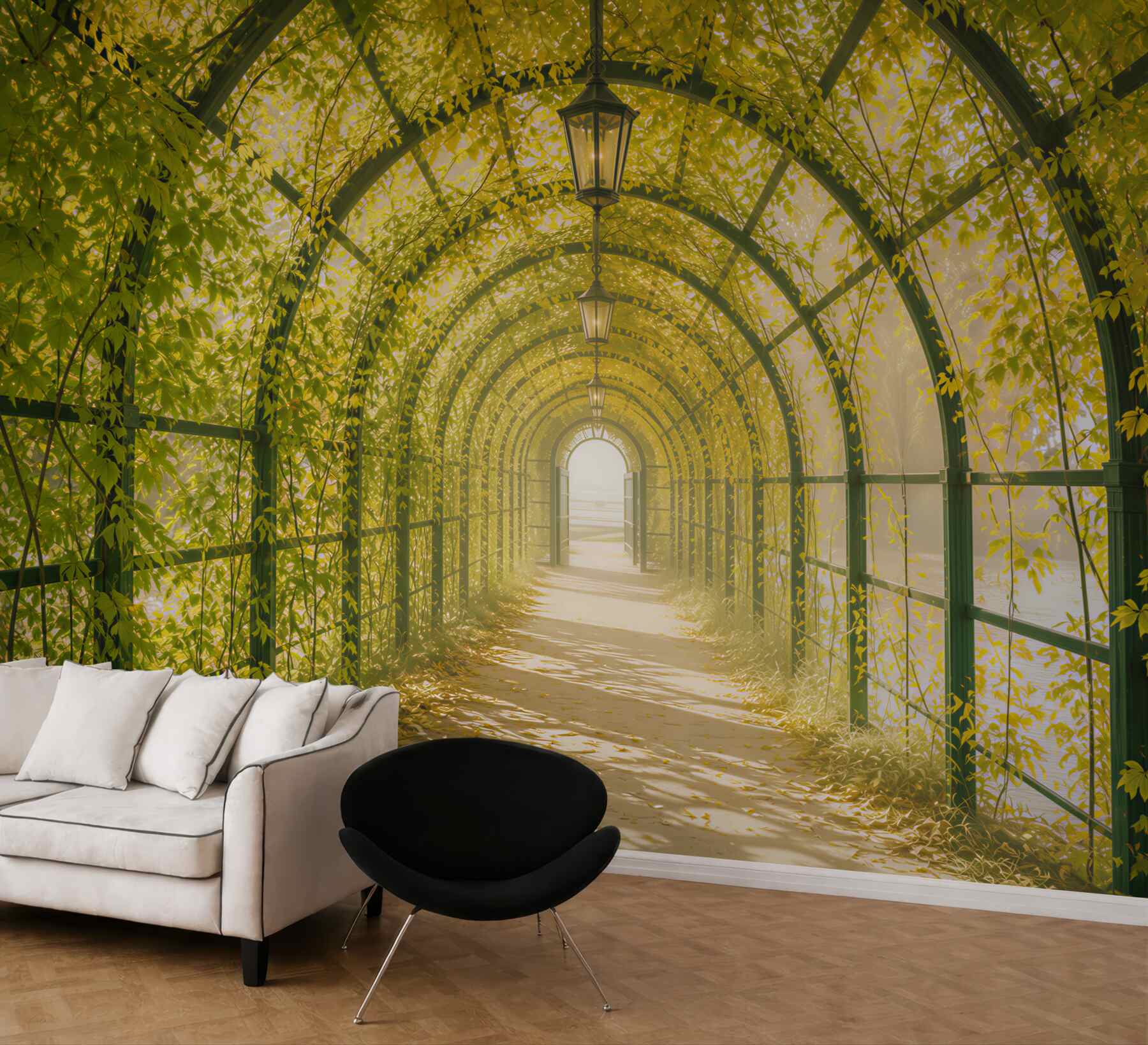 Fototapeta zielony tunel z pnączy i lampionów romantyczna alejka