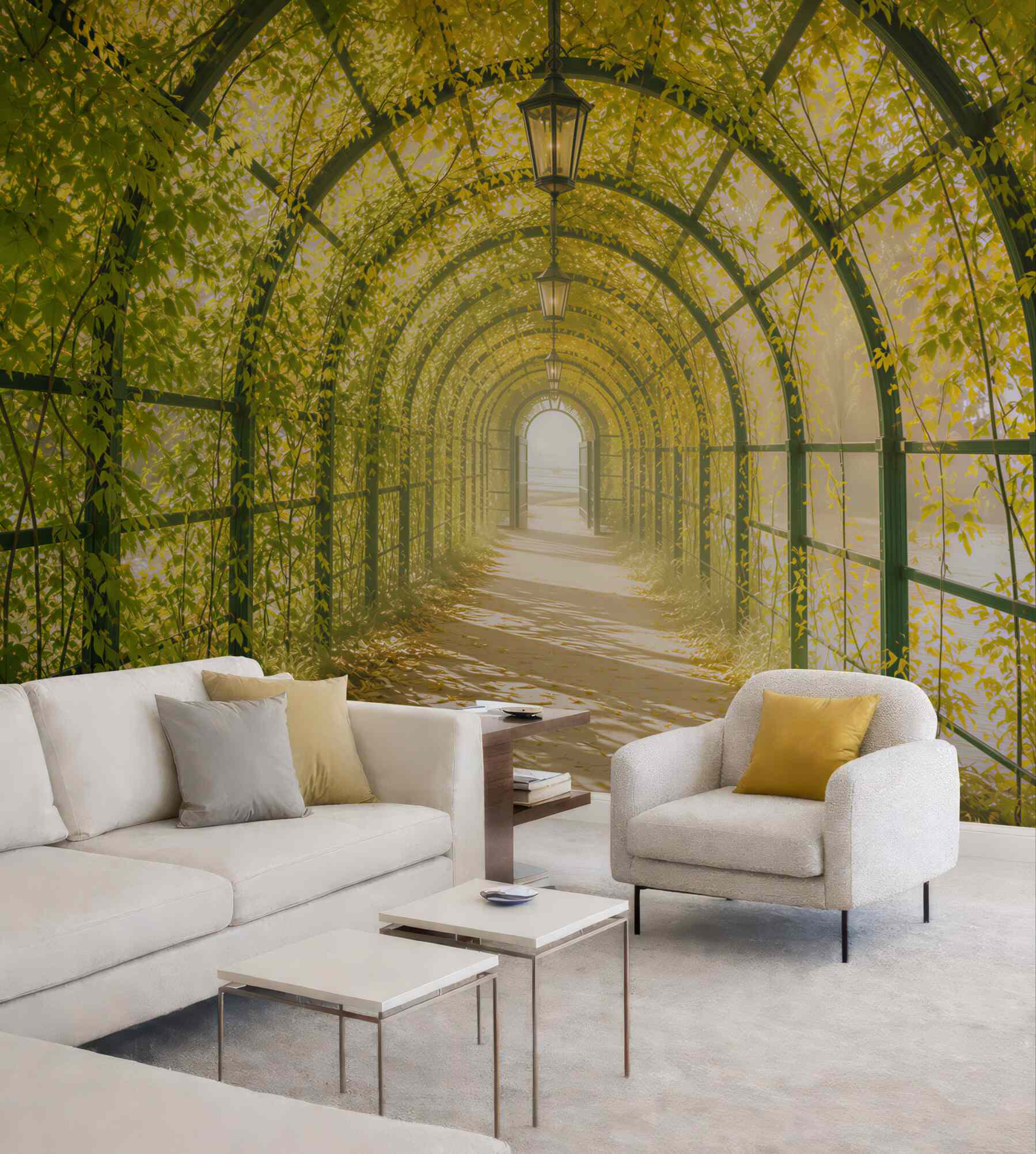 Fototapeta zielony tunel z pnączy i lampionów romantyczna alejka