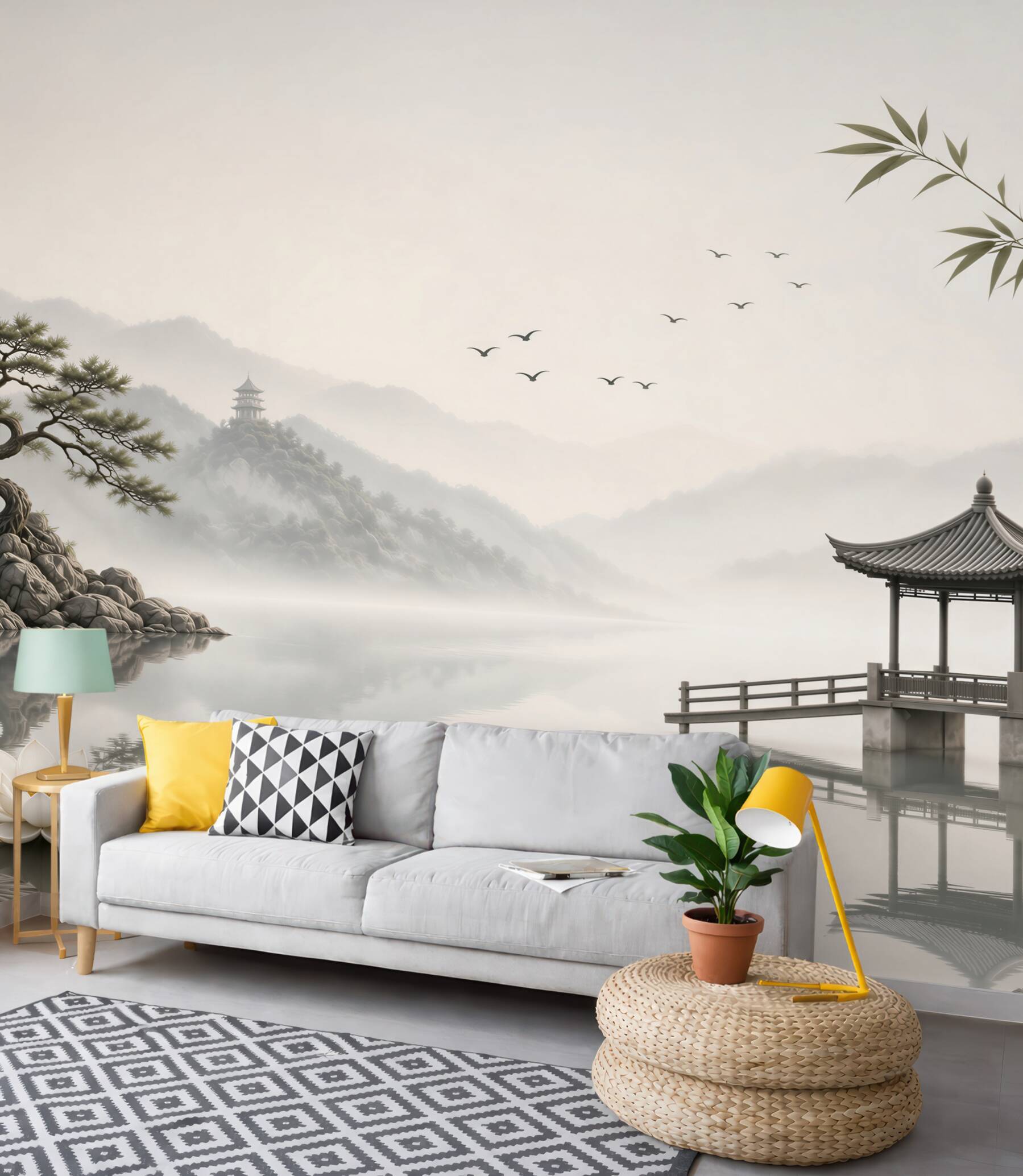 Fototapeta orientalny krajobraz z pawilonem i bambusem w stylu zen
