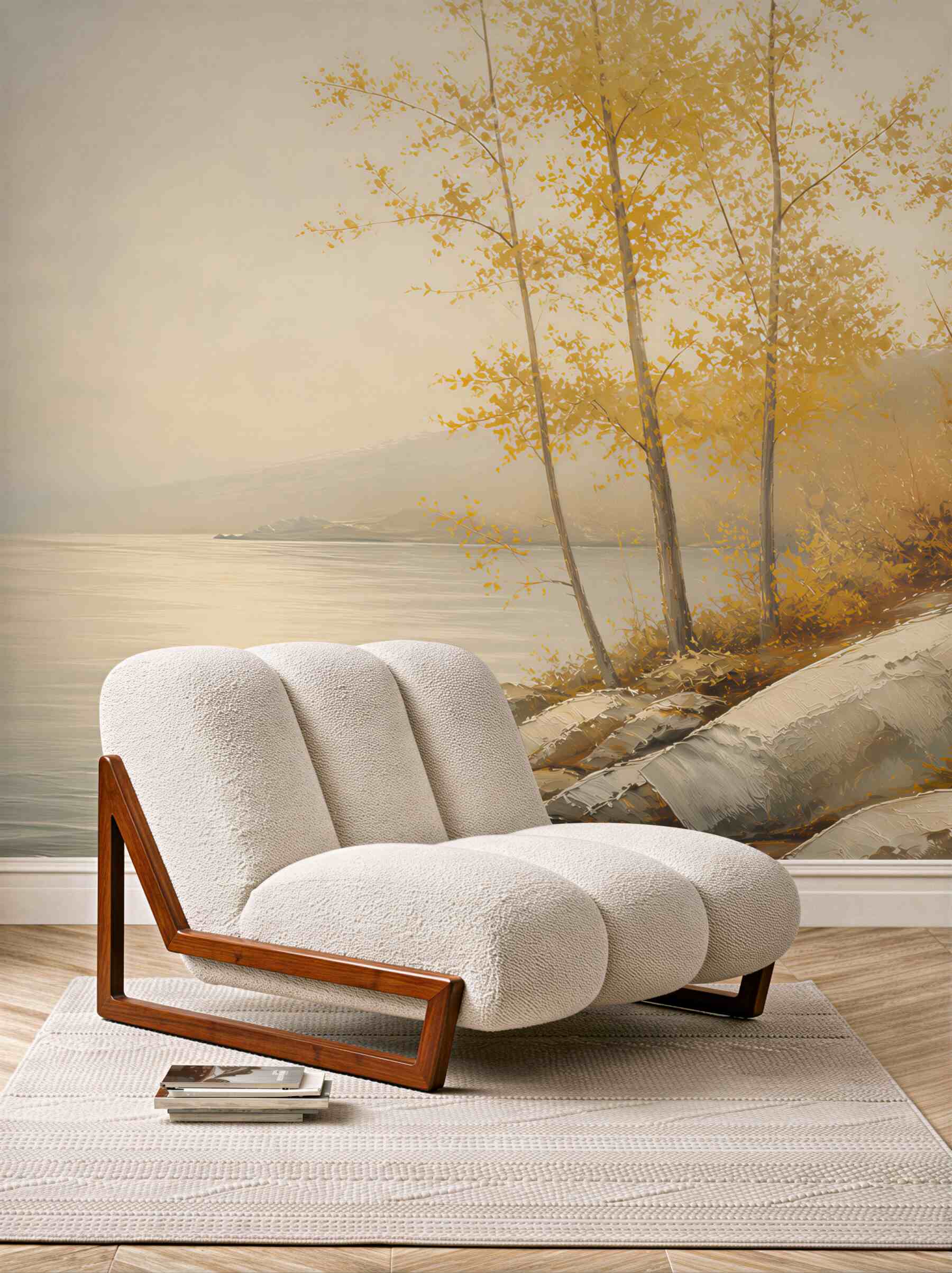 Fototapeta jesienne drzewa nad jeziorem w ciepłych beżowo złotych tonach