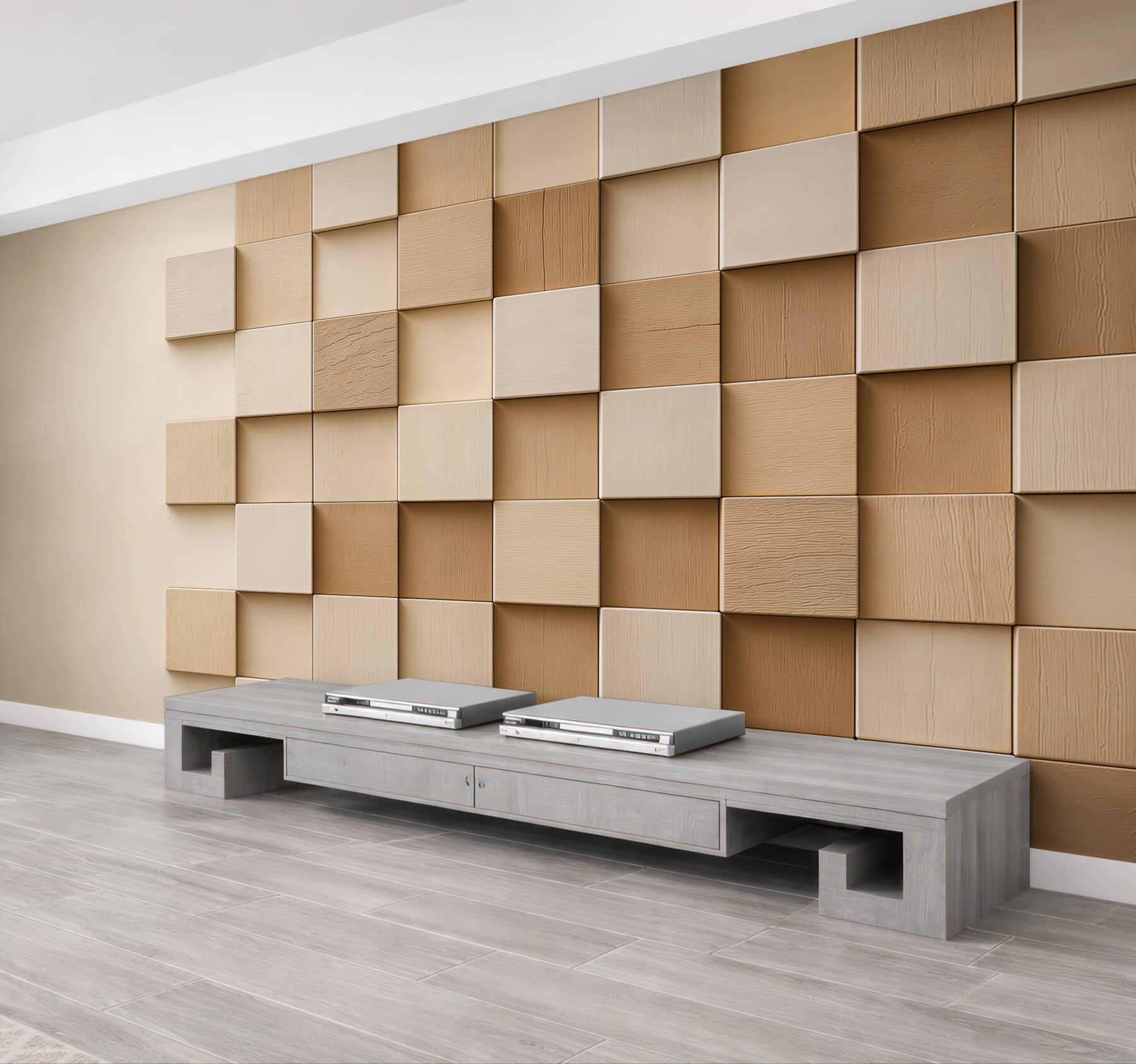 Fototapeta geometryczne panele 3D beżowe nowoczesna dekoracja ścienna