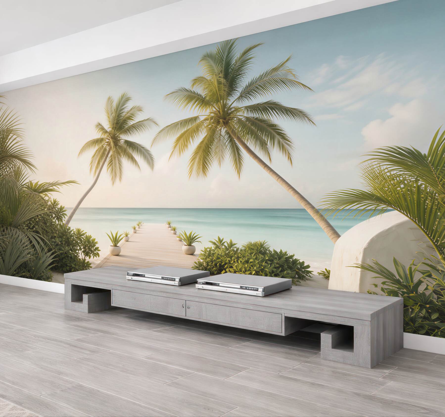 Fototapeta tropikalna plaża z palmami i pomostem spokojny morski krajobraz