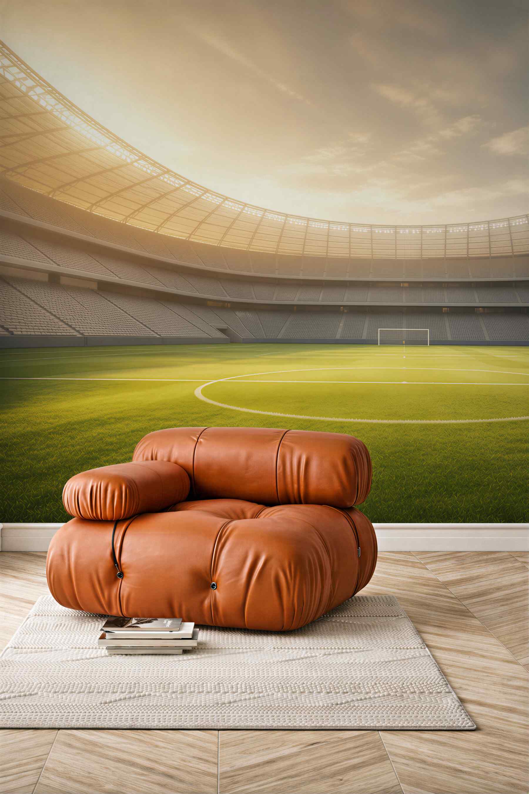 Fototapeta stadion piłkarski z zieloną murawą w świetle zachodzącego słońca