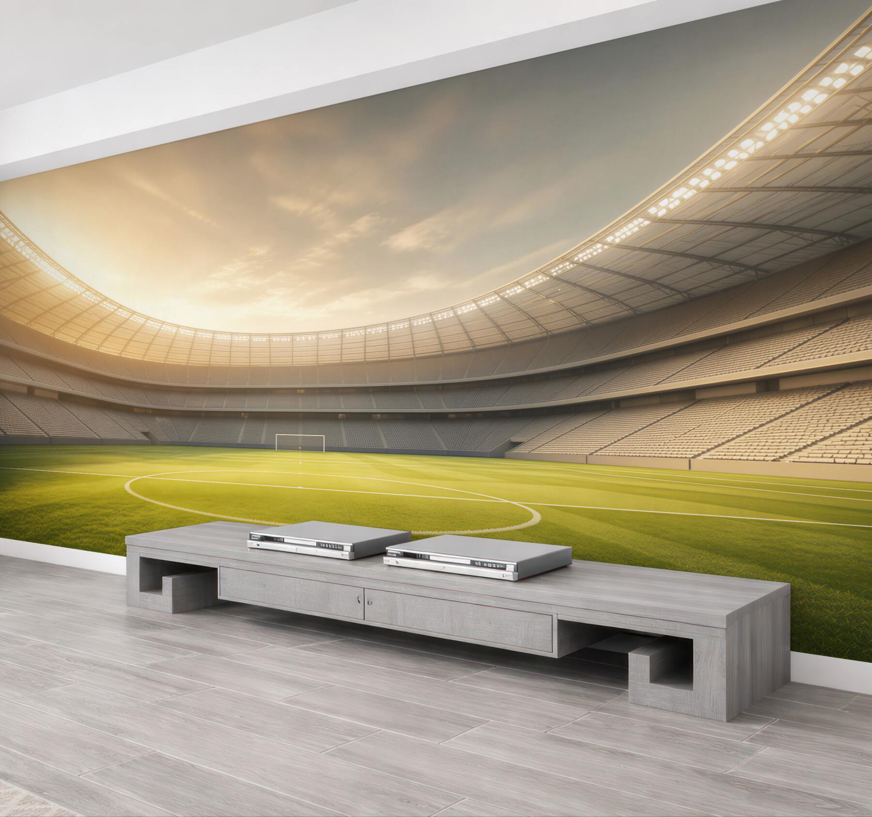 Fototapeta stadion piłkarski z zieloną murawą w świetle zachodzącego słońca