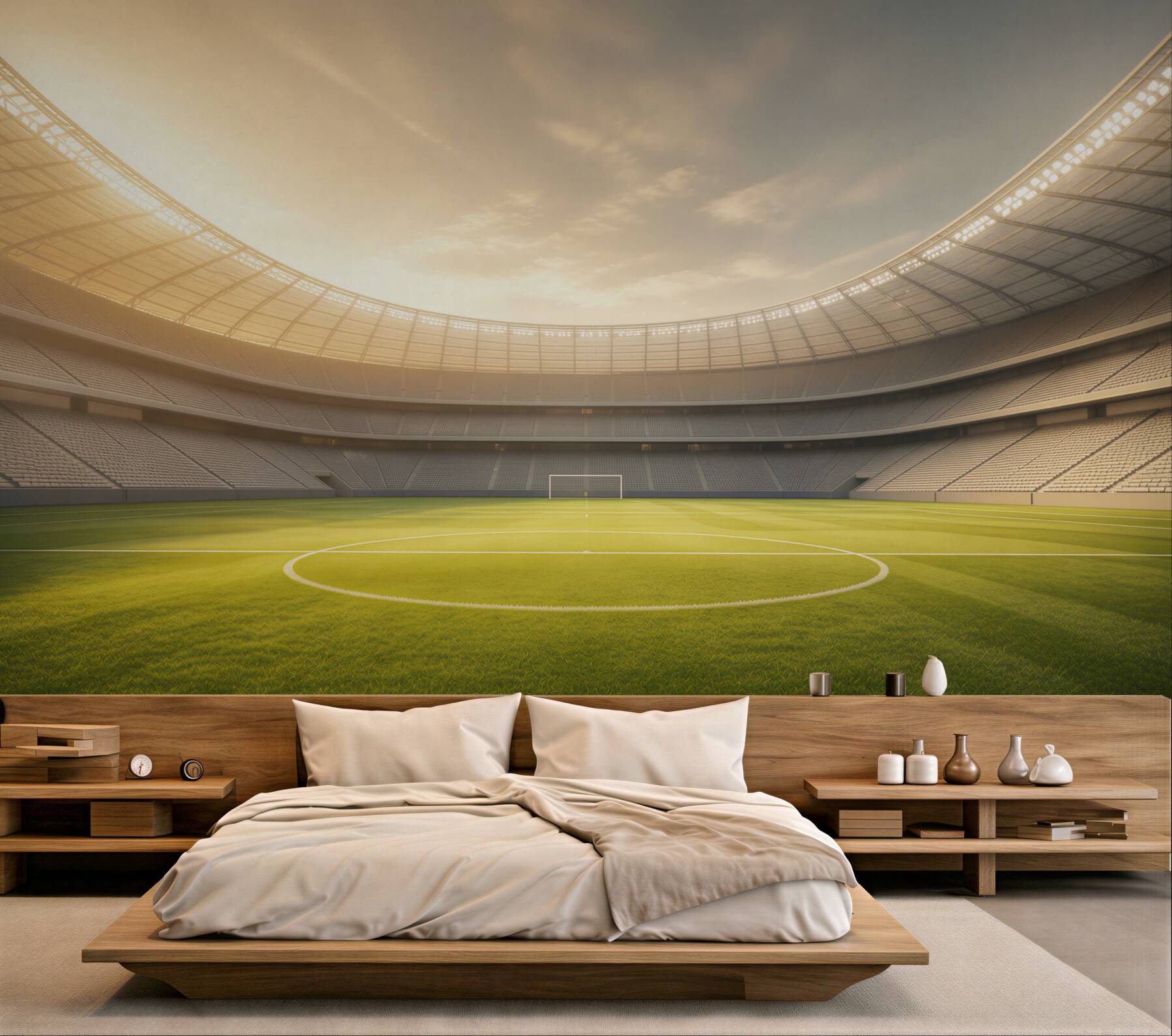 Fototapeta stadion piłkarski z zieloną murawą w świetle zachodzącego słońca