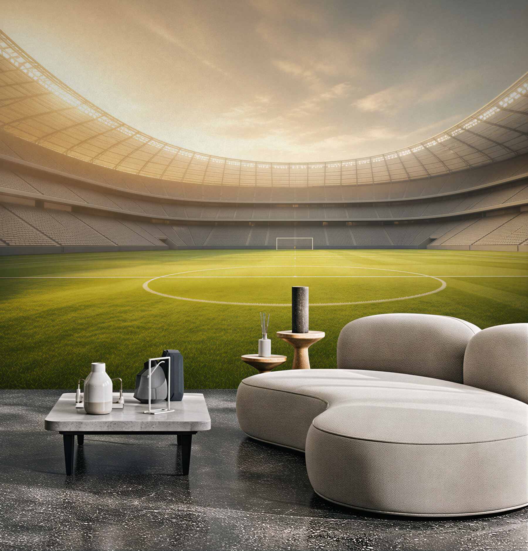 Fototapeta stadion piłkarski z zieloną murawą w świetle zachodzącego słońca