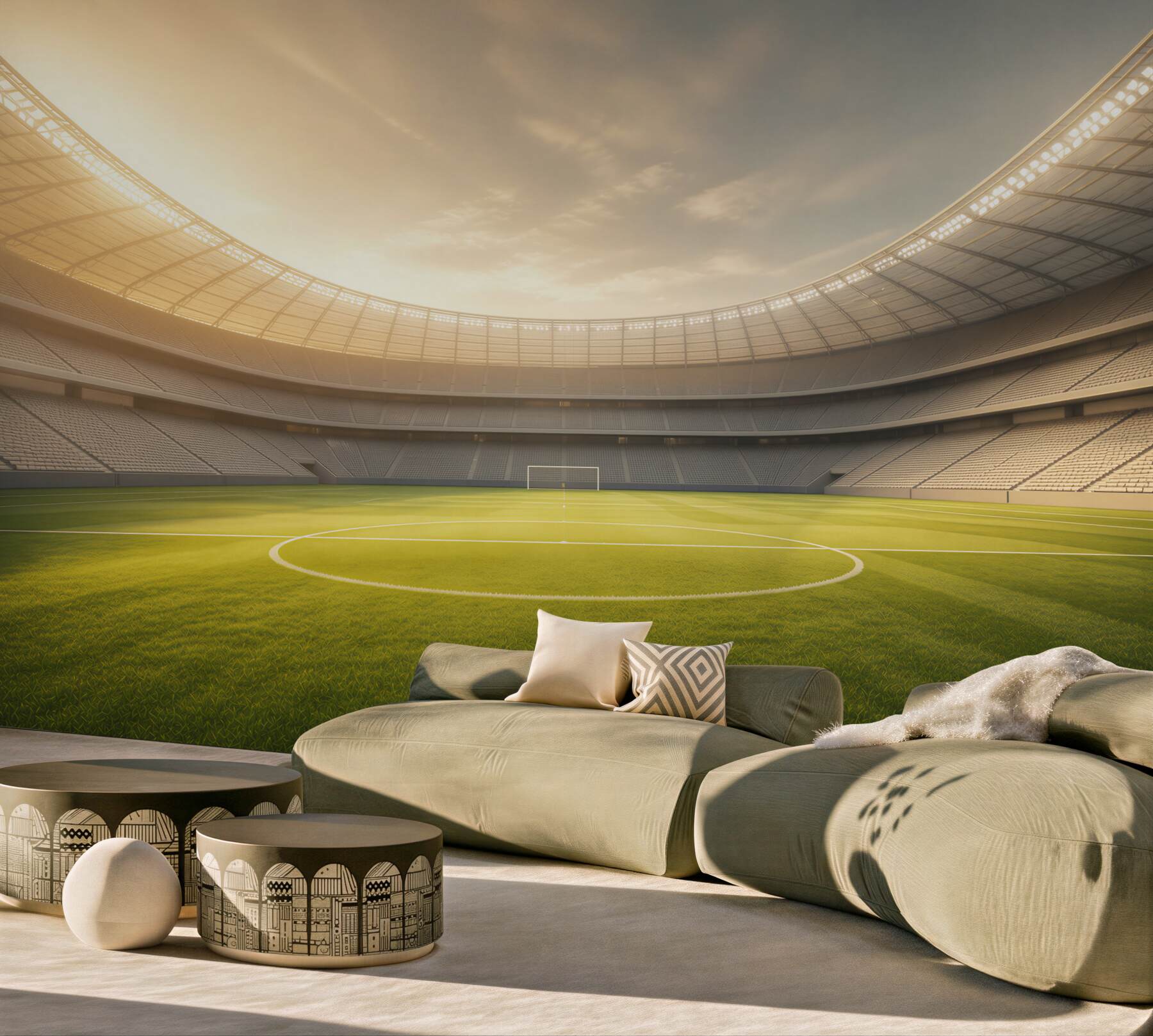 Fototapeta stadion piłkarski z zieloną murawą w świetle zachodzącego słońca