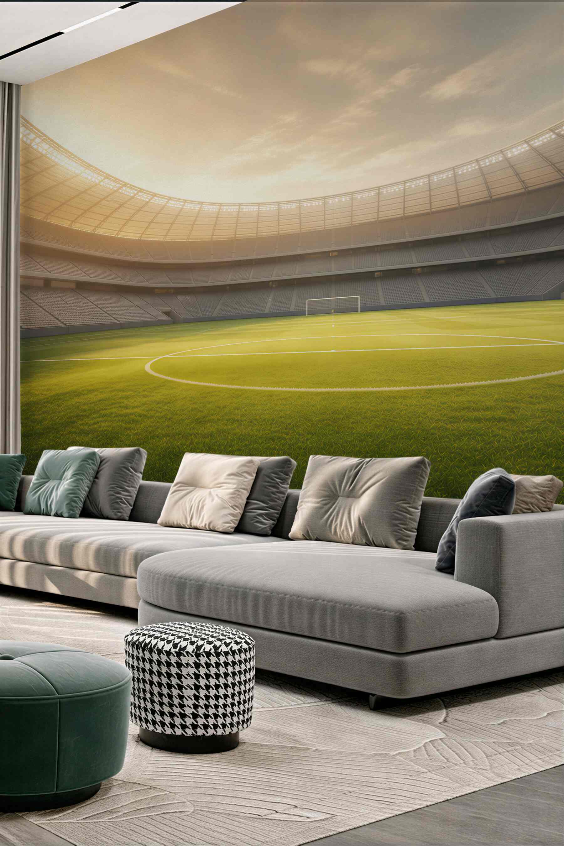 Fototapeta stadion piłkarski z zieloną murawą w świetle zachodzącego słońca