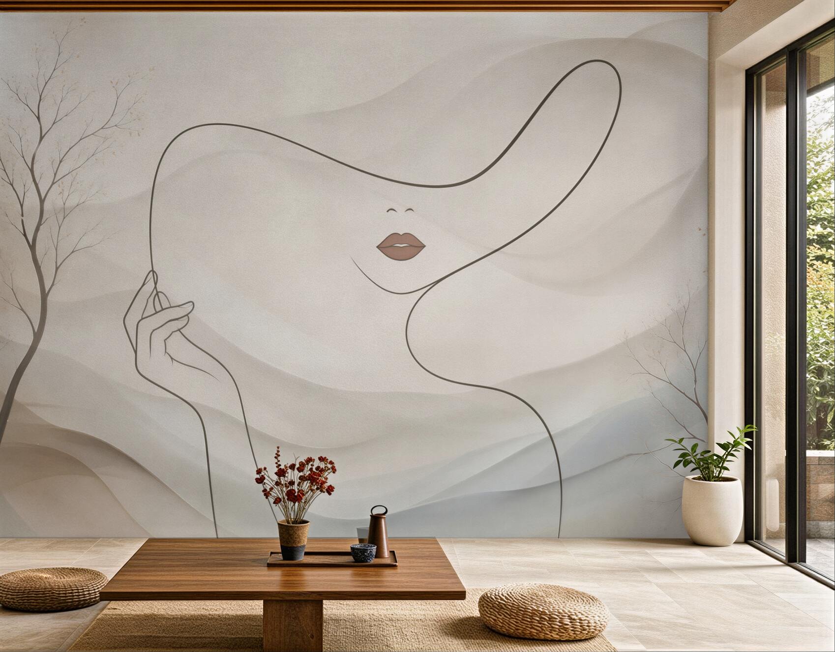 Fototapeta minimalistyczna kobieta line art w beżowych falach