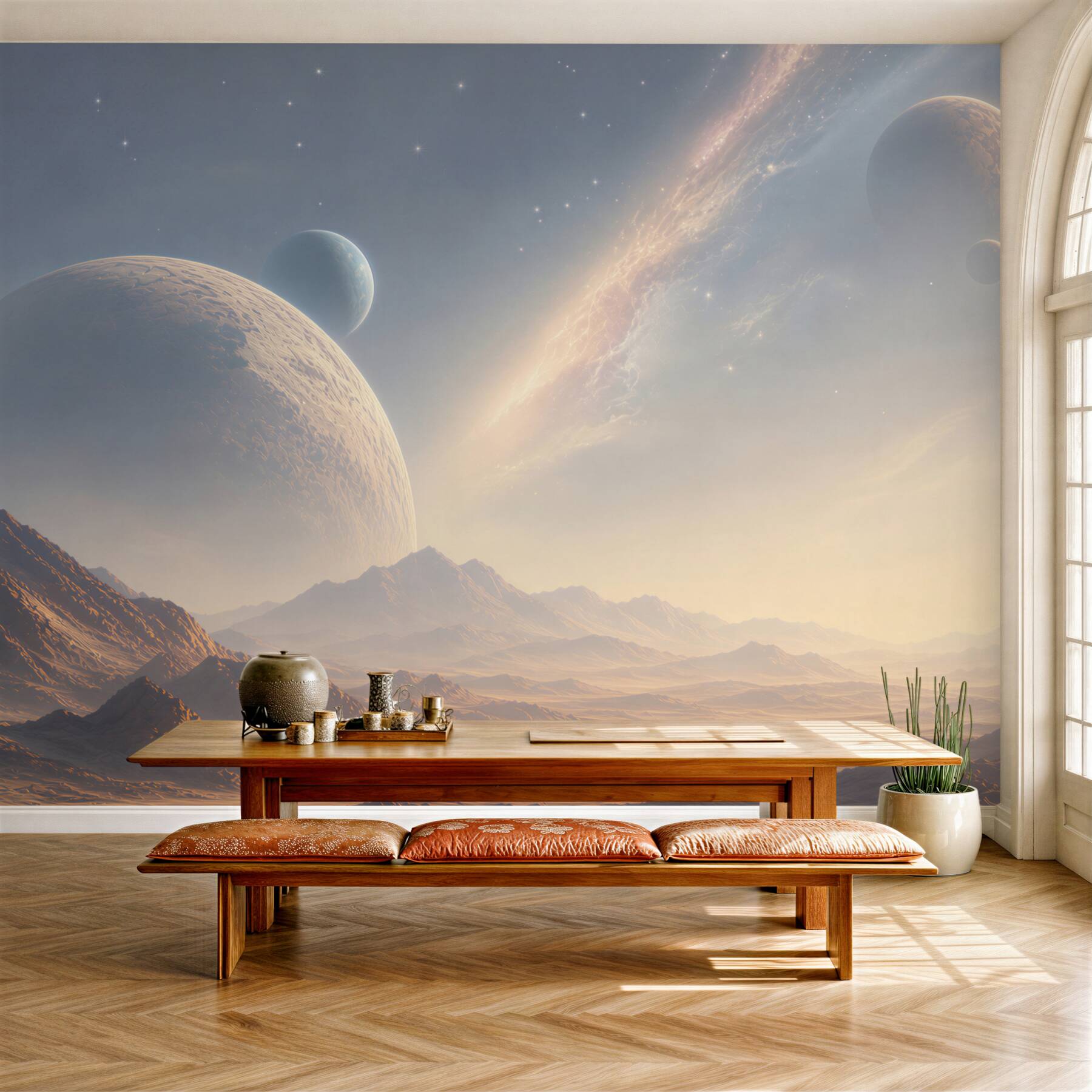 Fototapeta kosmiczny krajobraz z planetami i górami w jasnych barwach