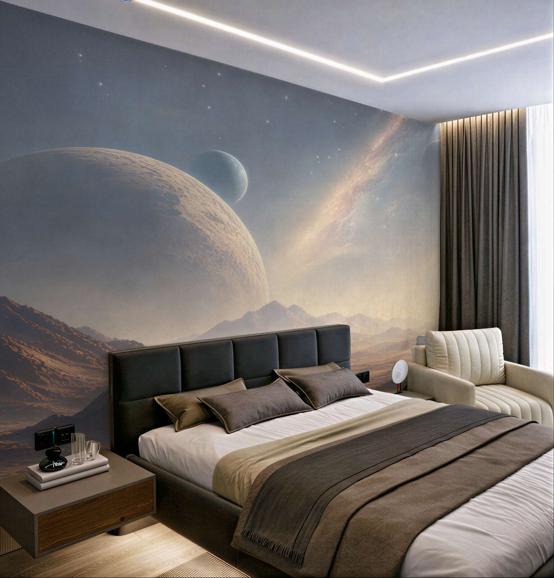 Fototapeta kosmiczny krajobraz z planetami i górami w jasnych barwach