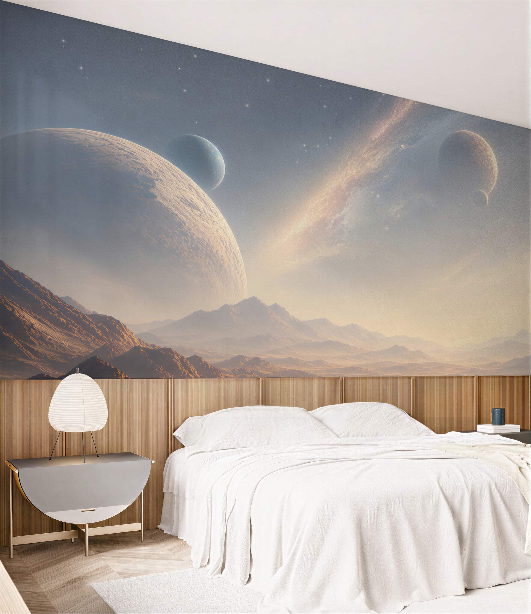 Fototapeta kosmiczny krajobraz z planetami i górami w jasnych barwach