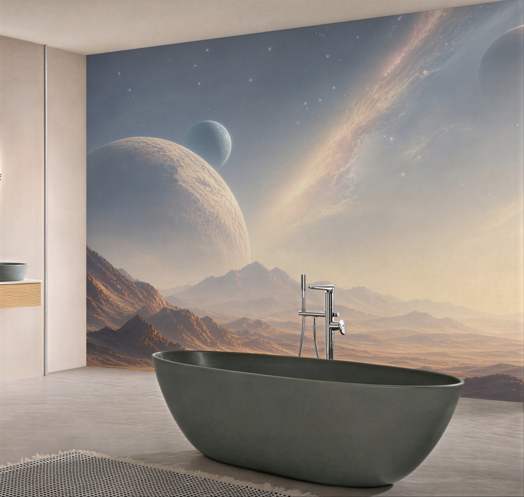 Fototapeta kosmiczny krajobraz z planetami i górami w jasnych barwach