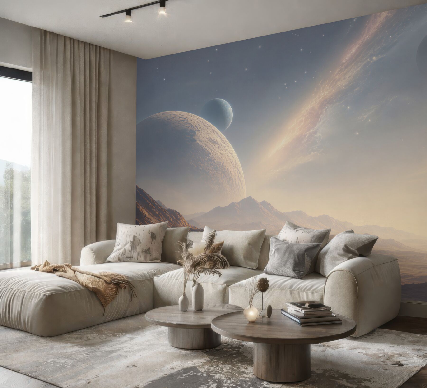 Fototapeta kosmiczny krajobraz z planetami i górami w jasnych barwach
