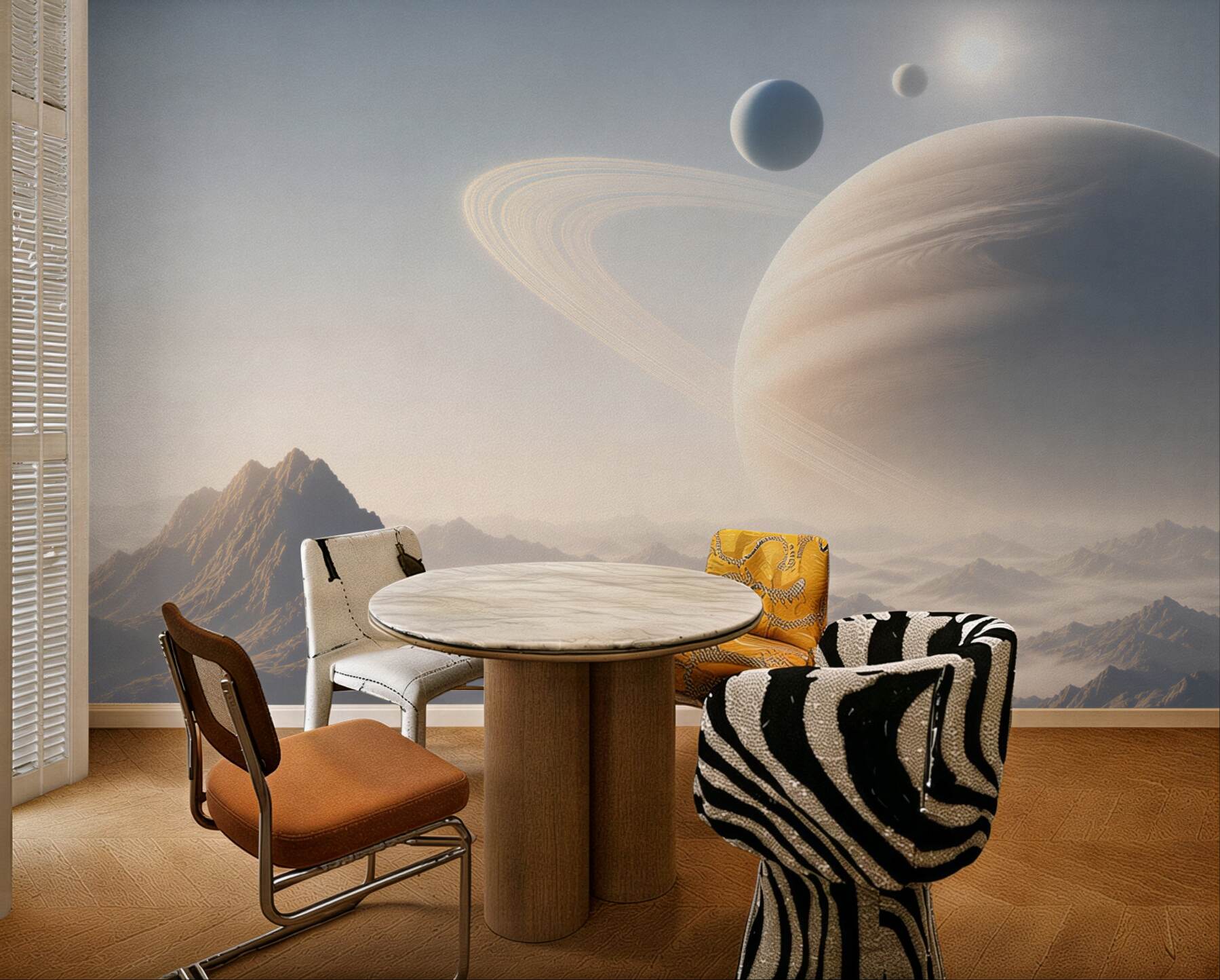 Fototapeta planeta z pierścieniami nad mglistymi górami futurystyczna