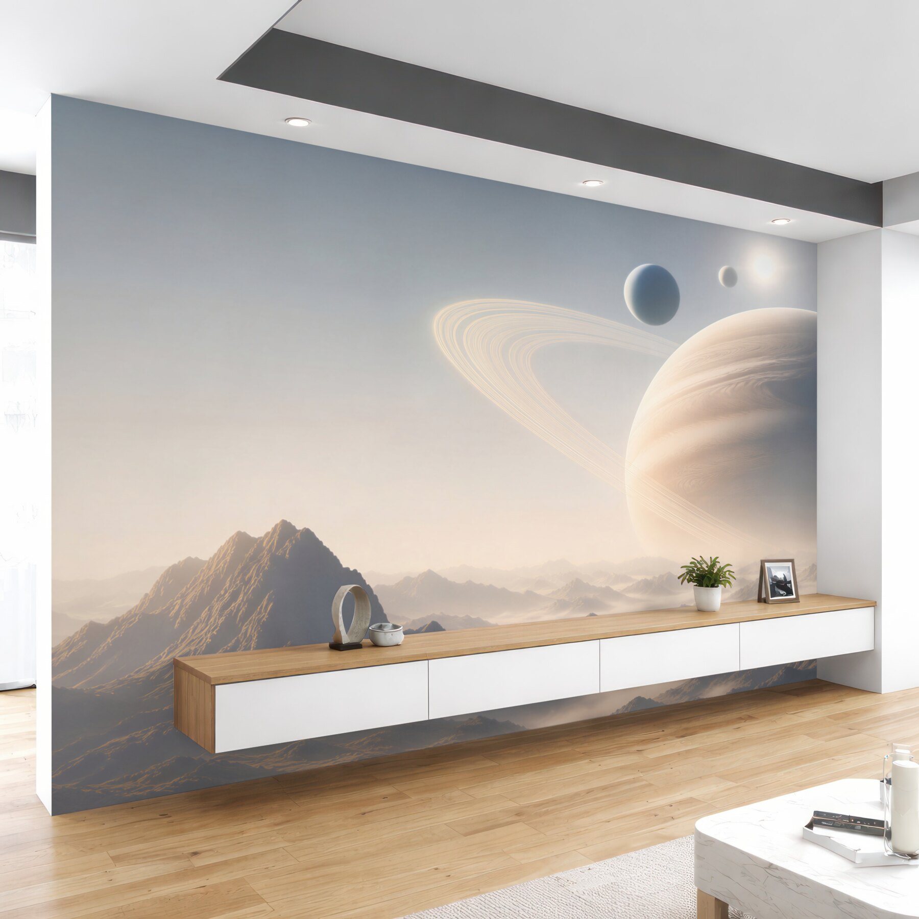 Fototapeta planeta z pierścieniami nad mglistymi górami futurystyczna