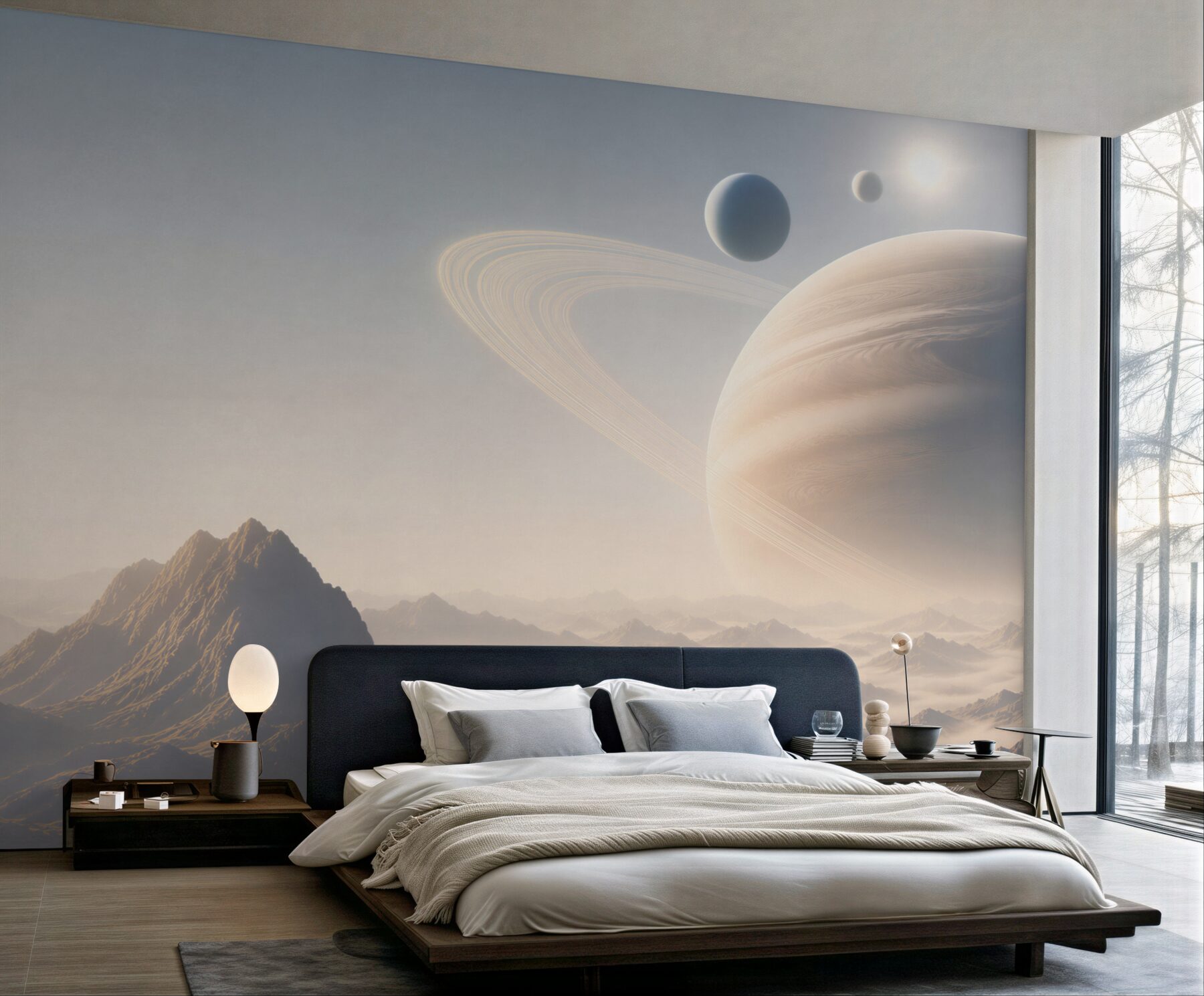 Fototapeta planeta z pierścieniami nad mglistymi górami futurystyczna