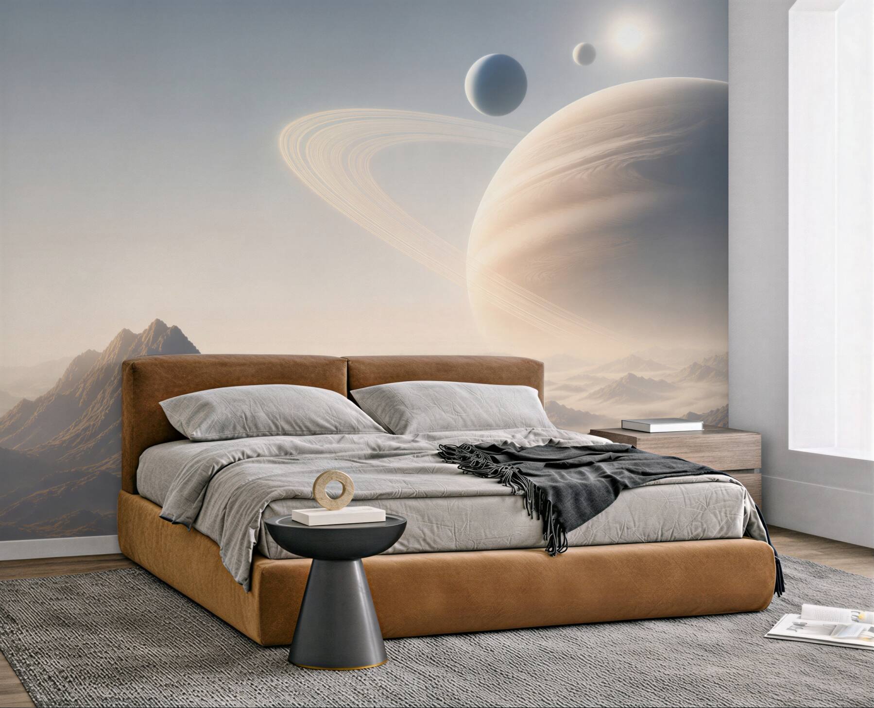 Fototapeta planeta z pierścieniami nad mglistymi górami futurystyczna