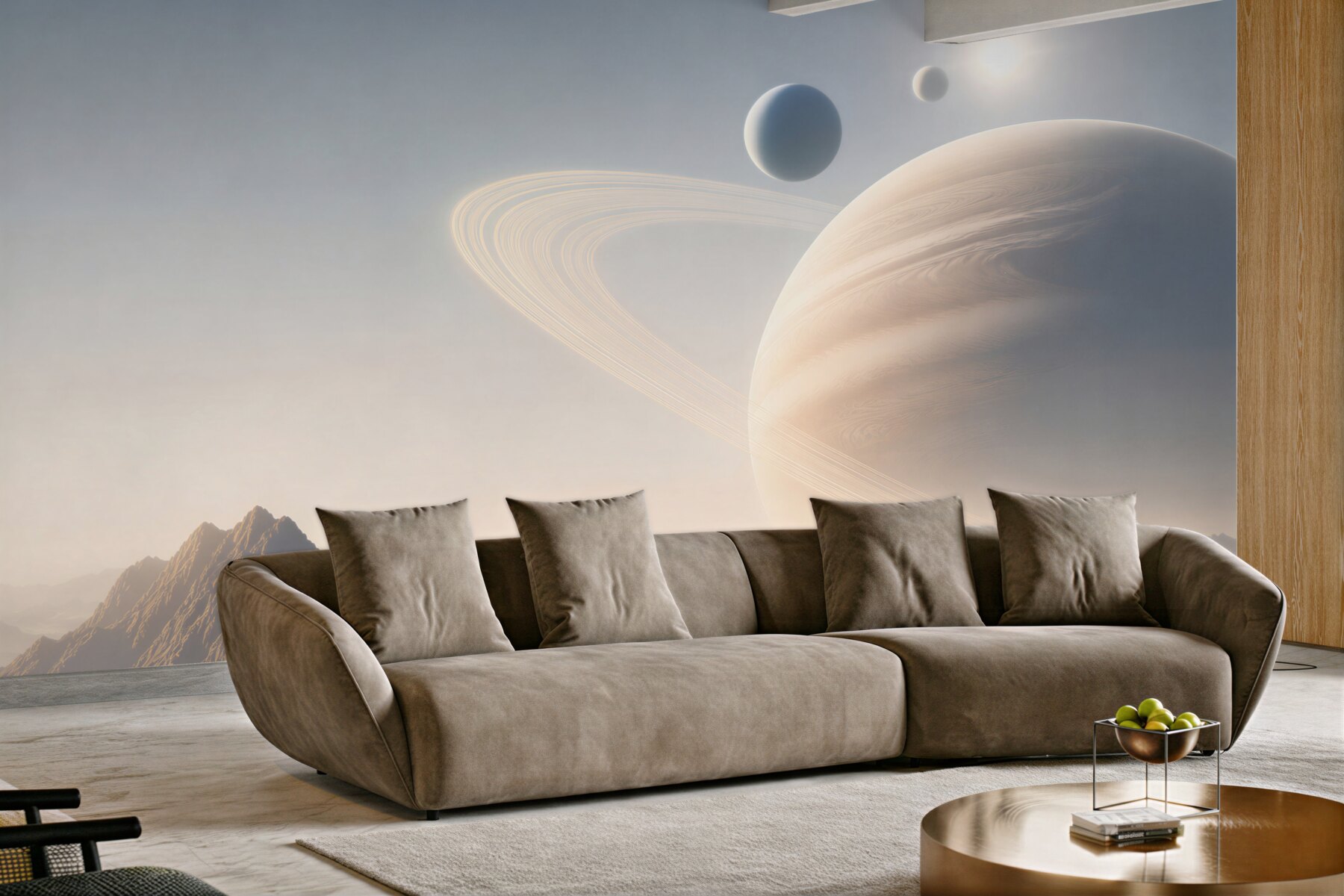 Fototapeta planeta z pierścieniami nad mglistymi górami futurystyczna