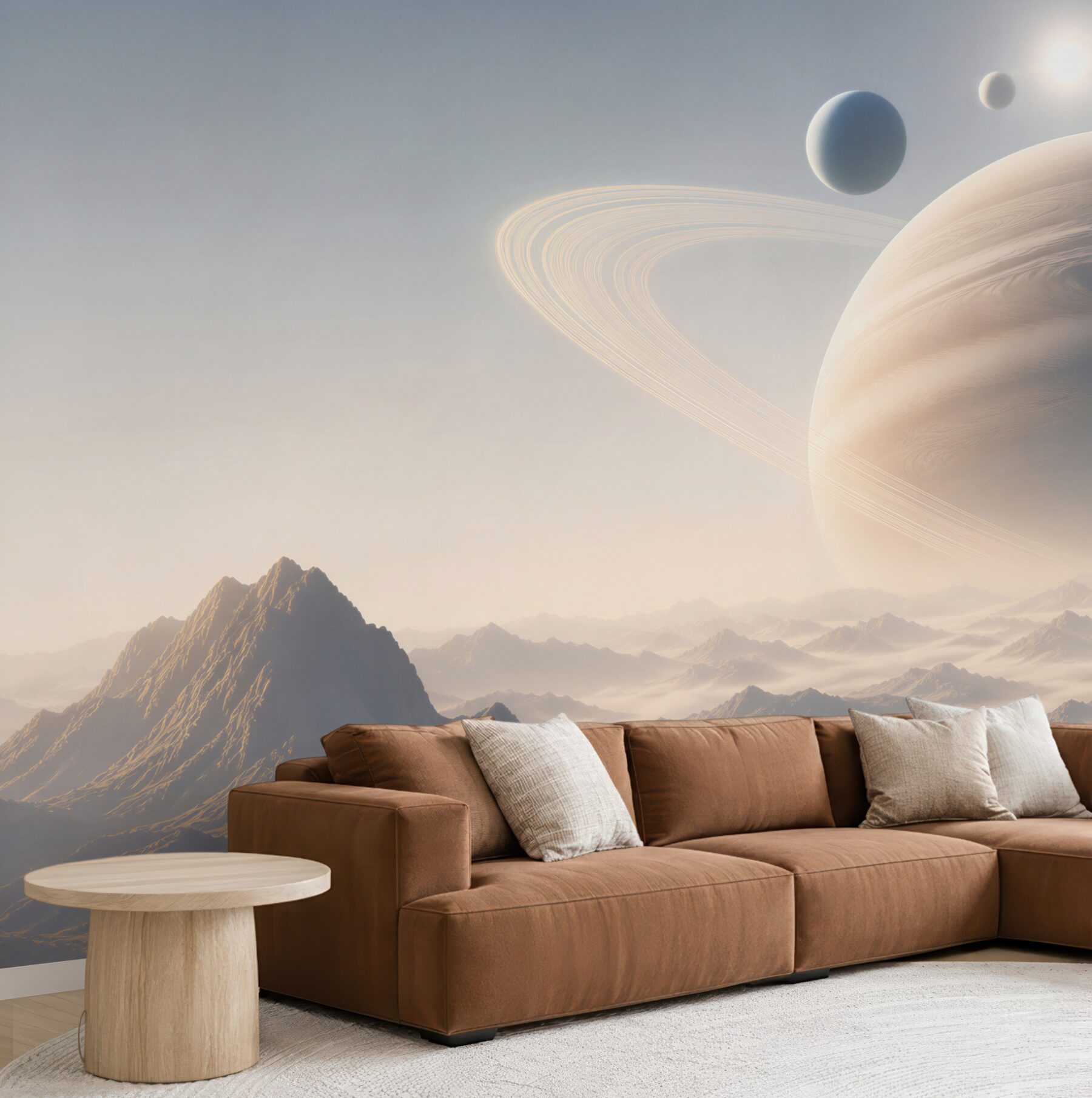 Fototapeta planeta z pierścieniami nad mglistymi górami futurystyczna