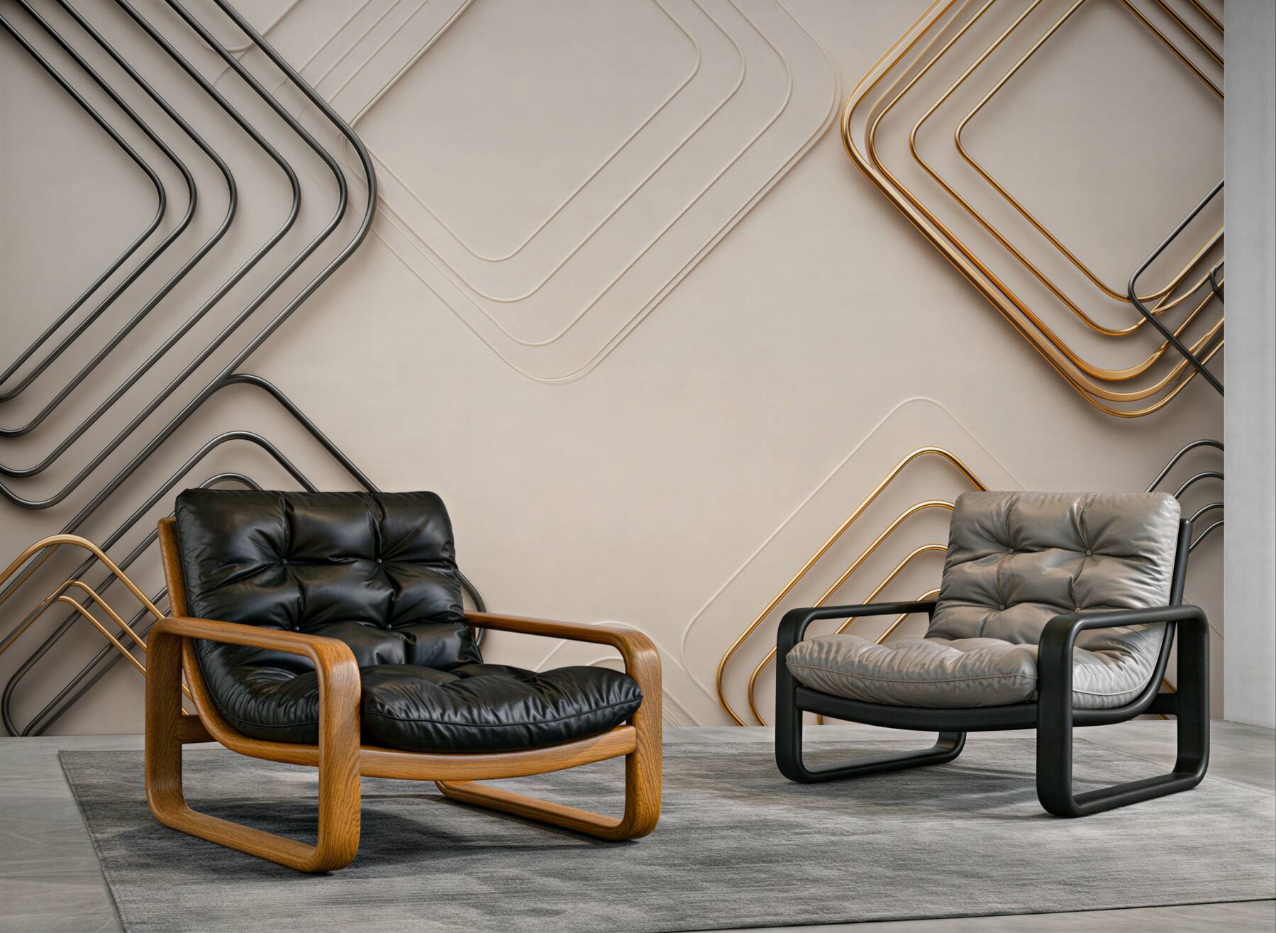 Fototapeta geometryczne złote i grafitowe linie 3D na beżowym tle