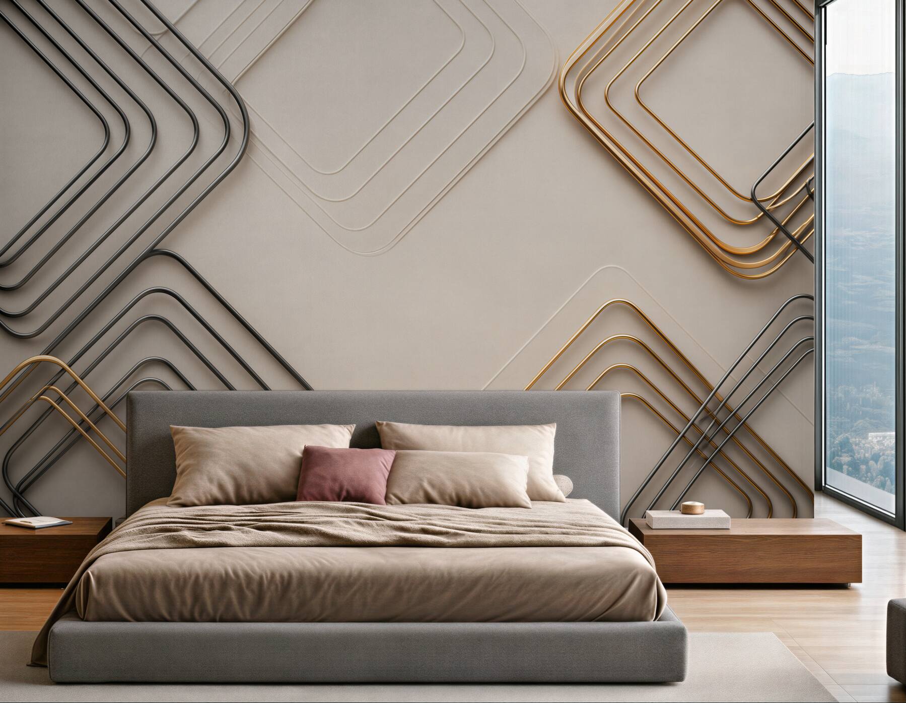 Fototapeta geometryczne złote i grafitowe linie 3D na beżowym tle
