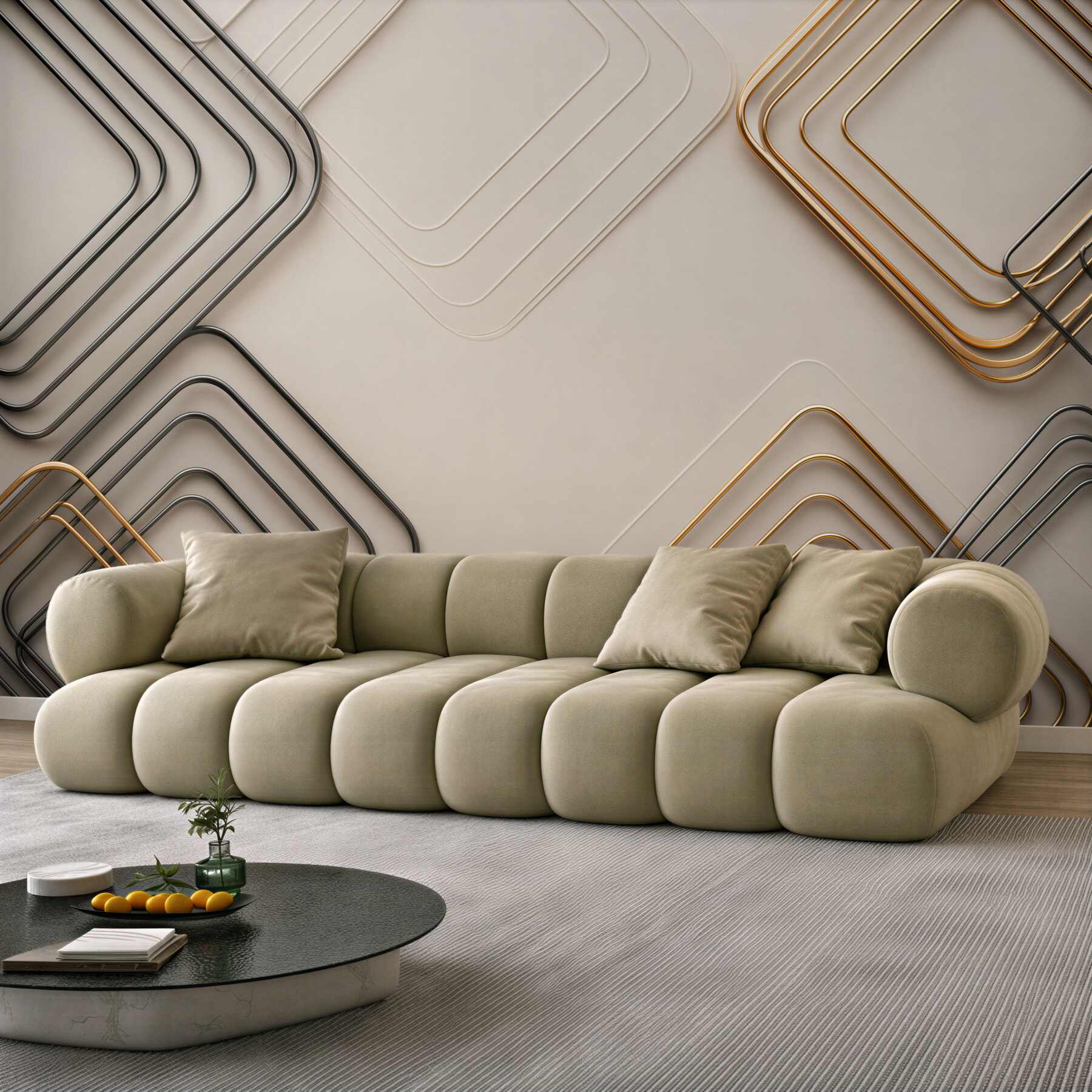 Fototapeta geometryczne złote i grafitowe linie 3D na beżowym tle