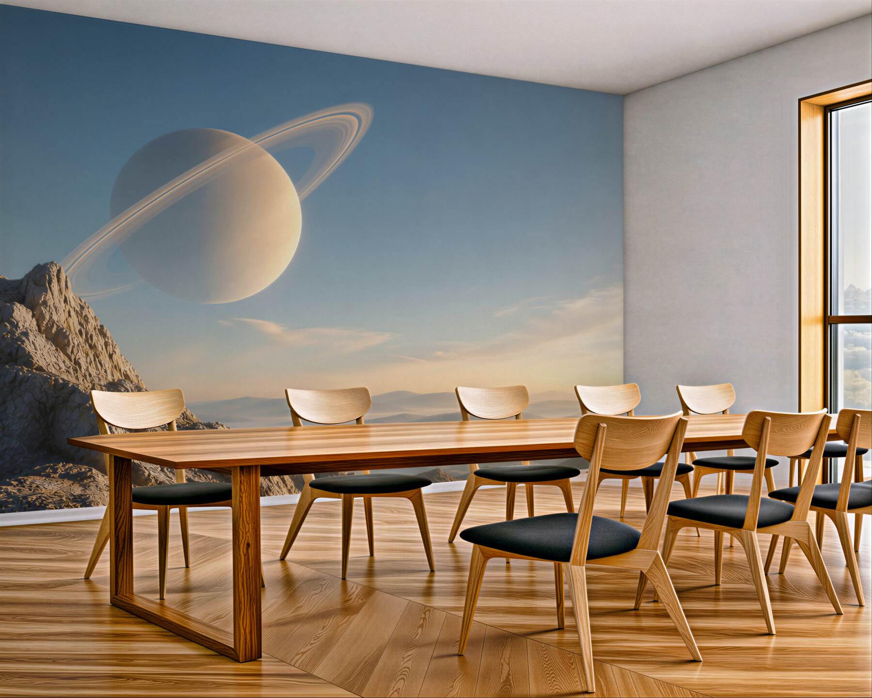 Fototapeta planeta z pierścieniami nad górskim krajobrazem fantasy