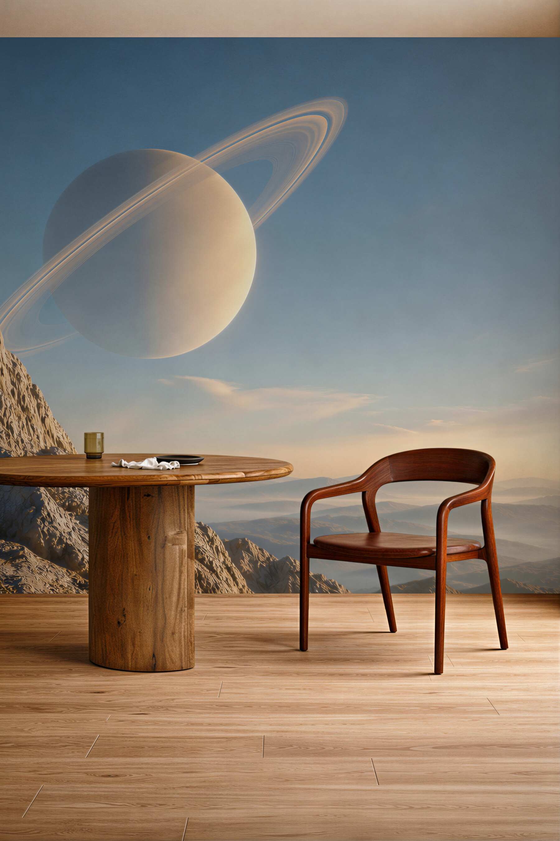 Fototapeta planeta z pierścieniami nad górskim krajobrazem fantasy
