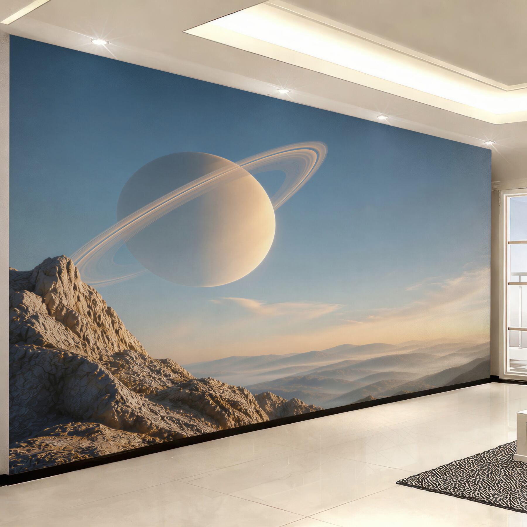 Fototapeta planeta z pierścieniami nad górskim krajobrazem fantasy