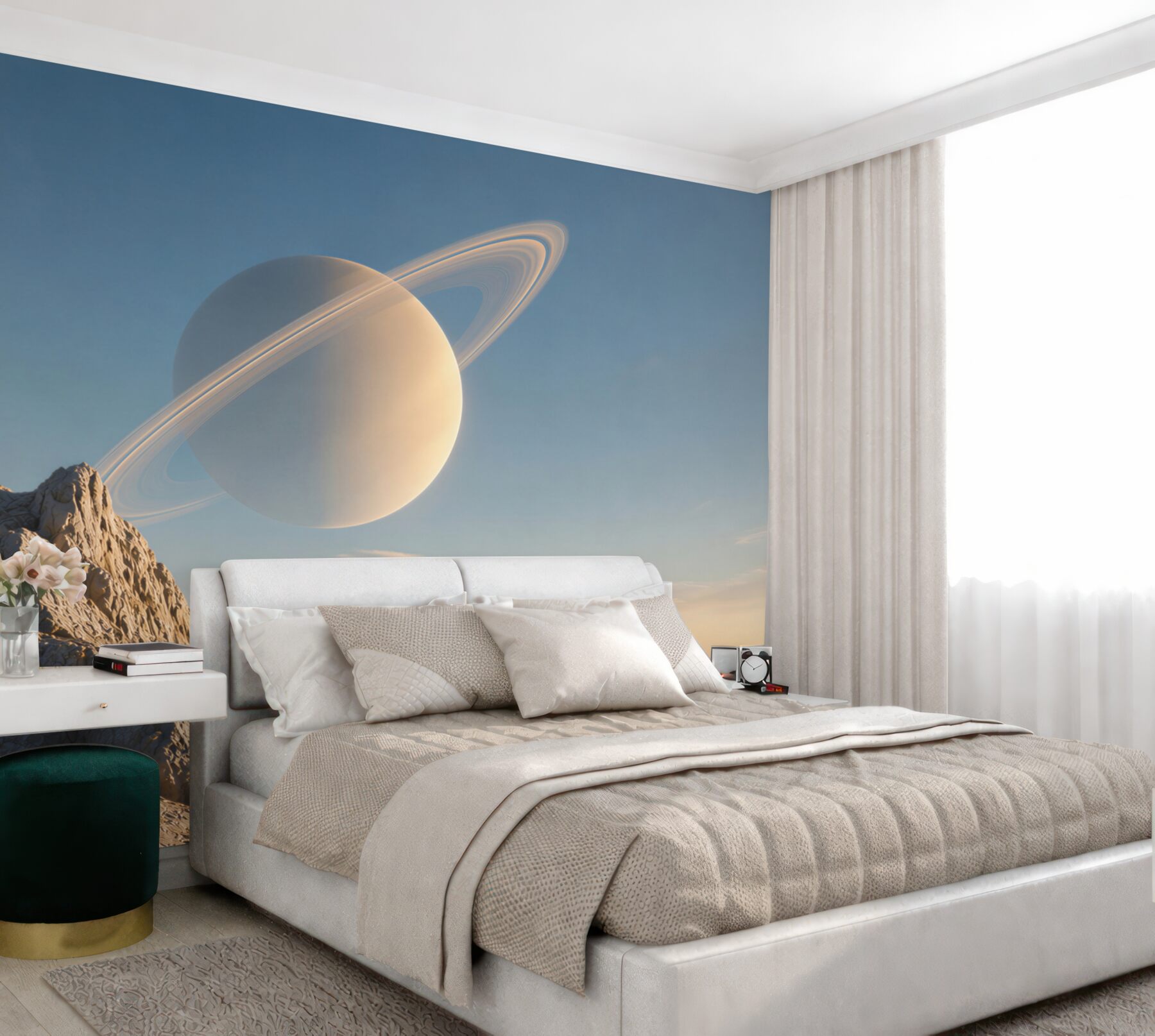 Fototapeta planeta z pierścieniami nad górskim krajobrazem fantasy