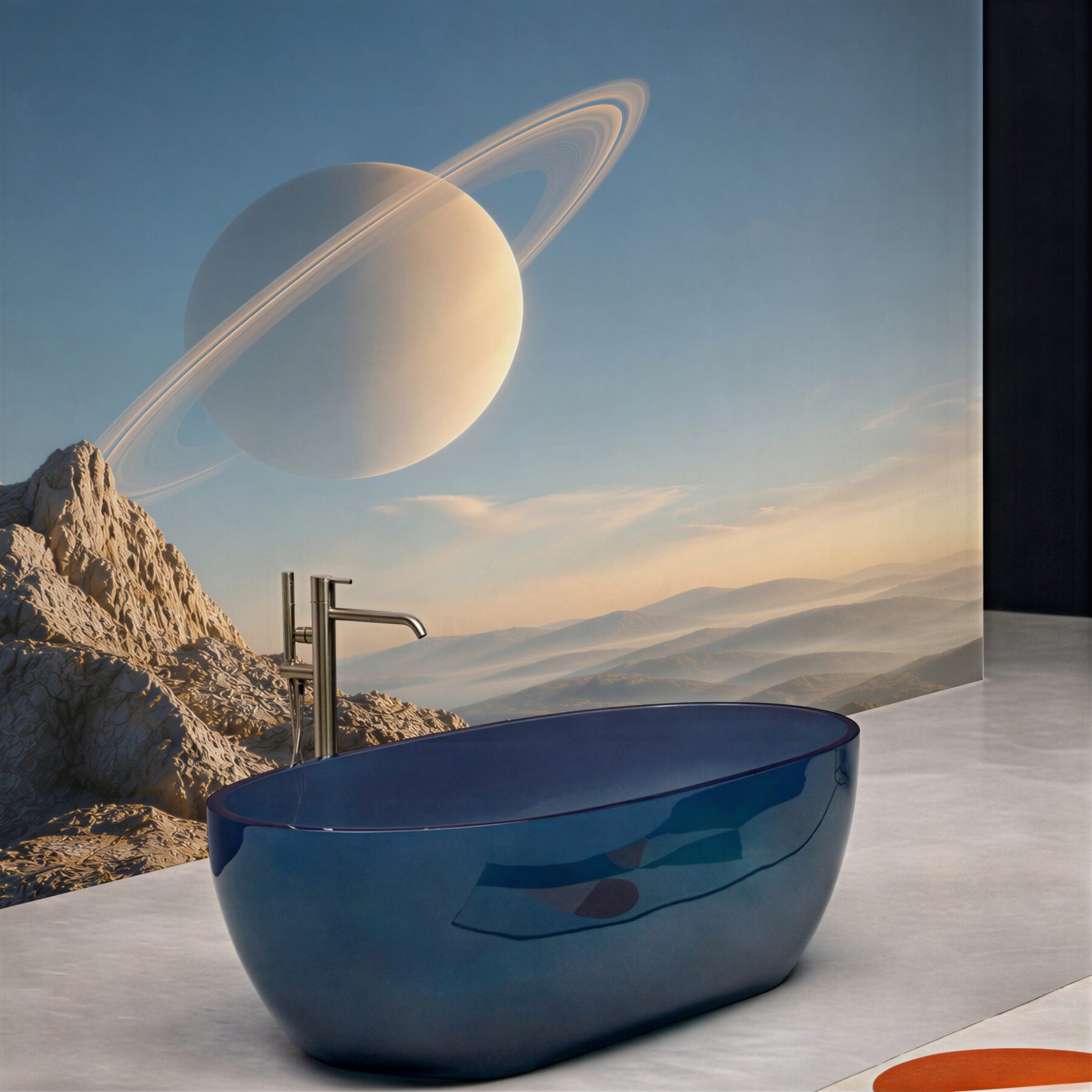 Fototapeta planeta z pierścieniami nad górskim krajobrazem fantasy