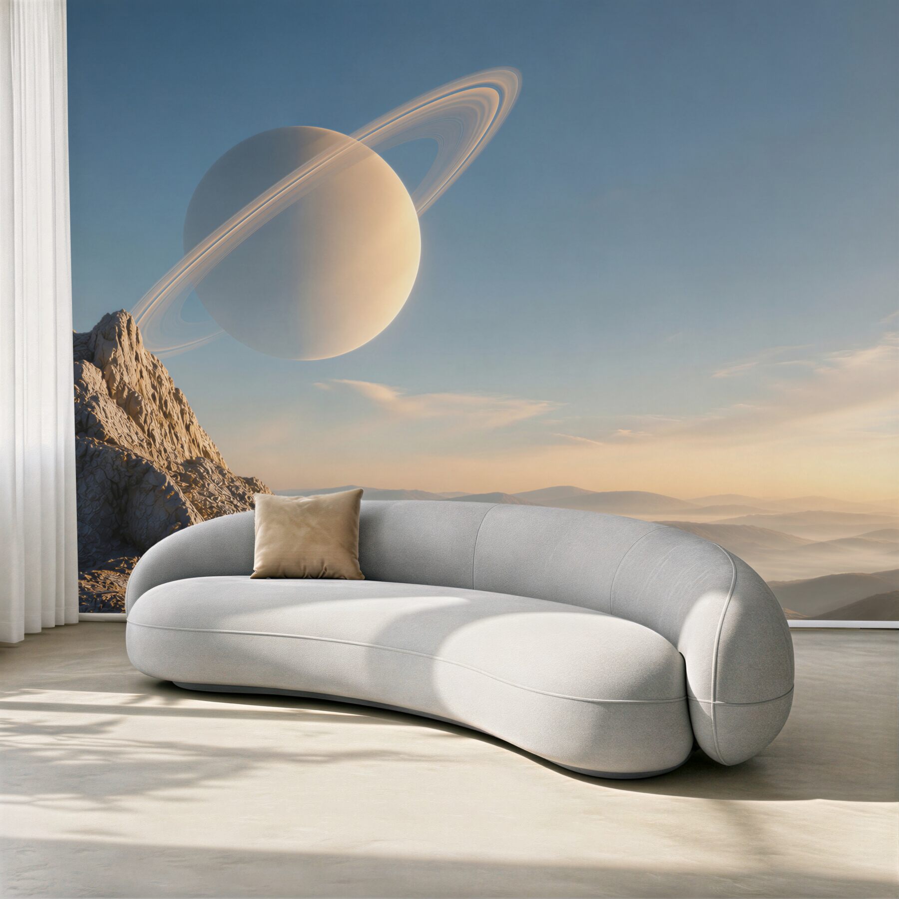 Fototapeta planeta z pierścieniami nad górskim krajobrazem fantasy