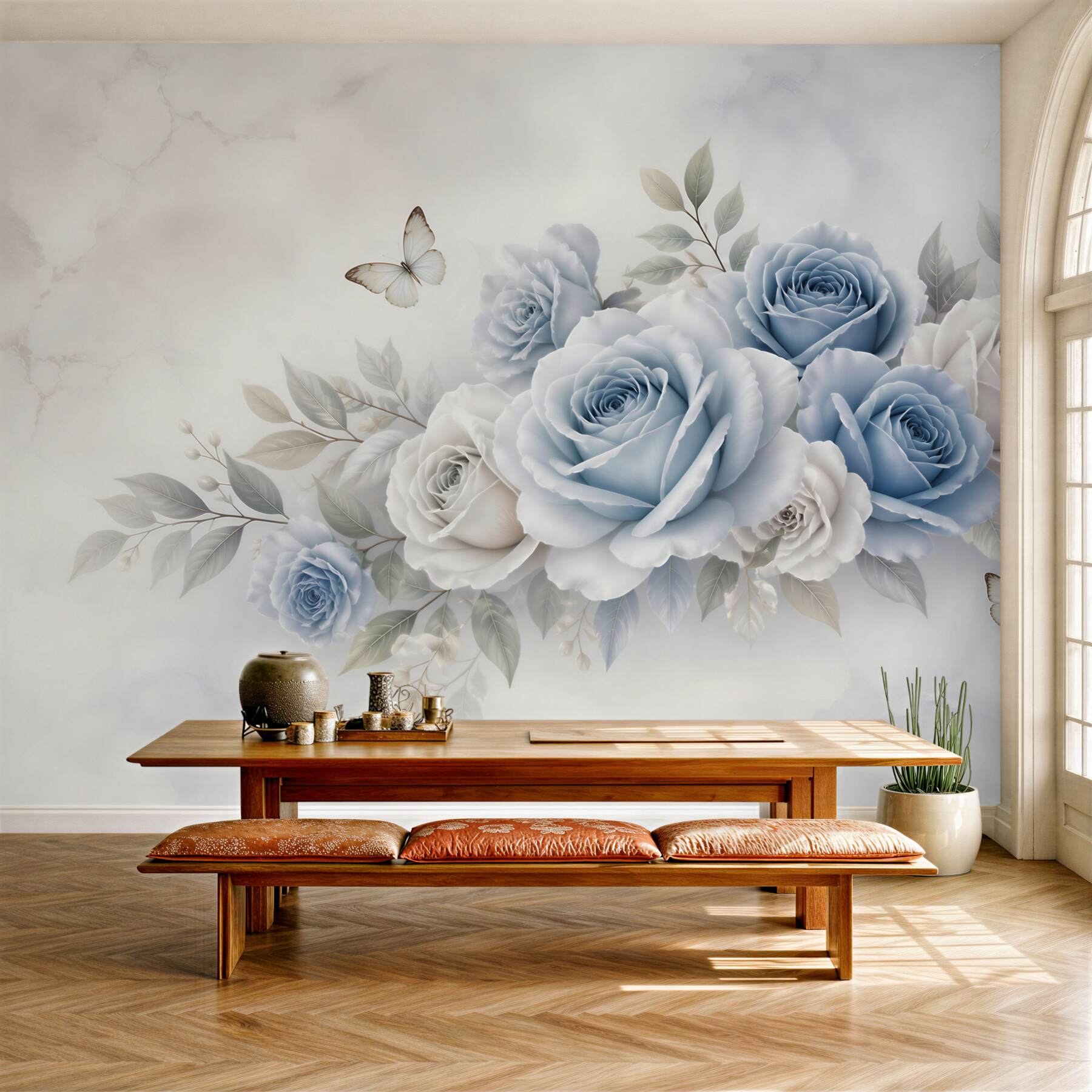 Fototapeta błękitne róże z motylami elegancka pastelowa
