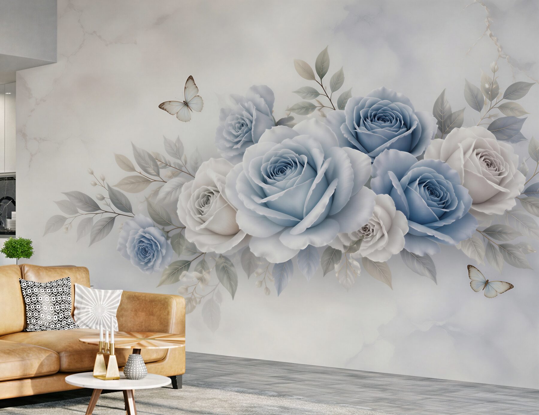 Fototapeta błękitne róże z motylami elegancka pastelowa