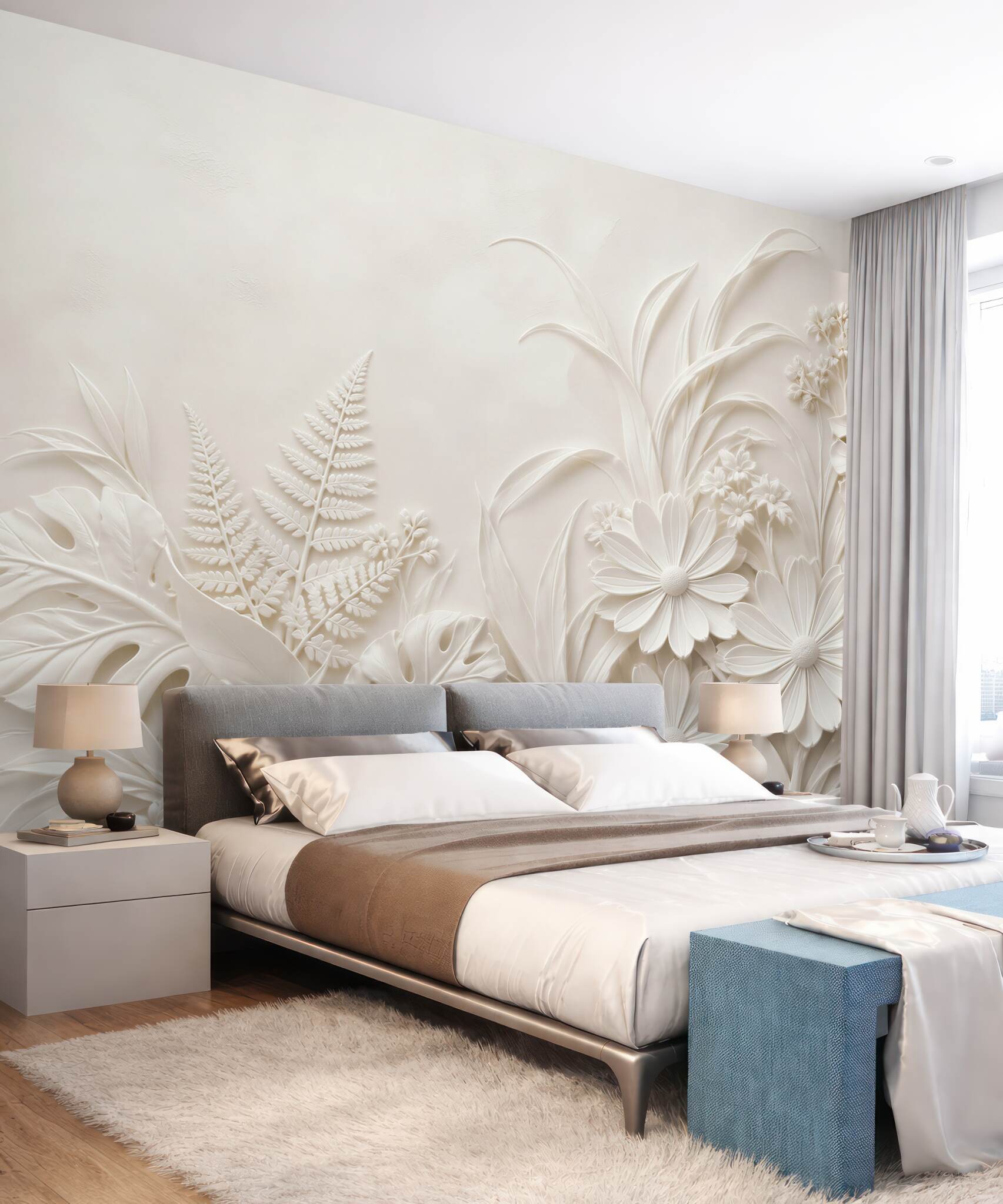 Fototapeta kremowe kwiaty i liście 3D subtelna botaniczna
