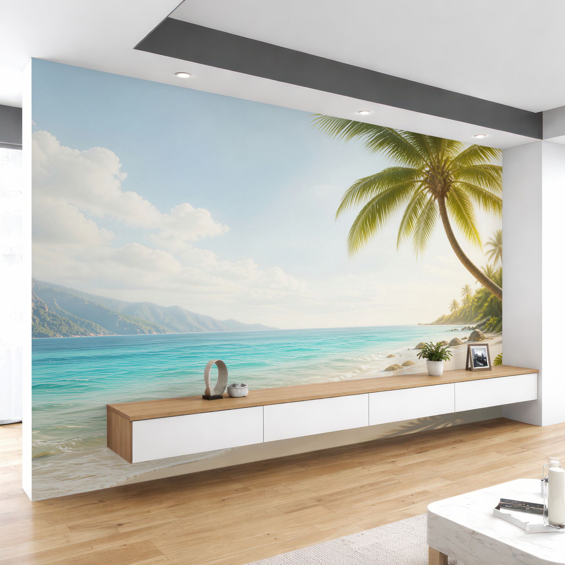 Fototapeta tropikalna plaża z palmami i turkusowym morzem słoneczna