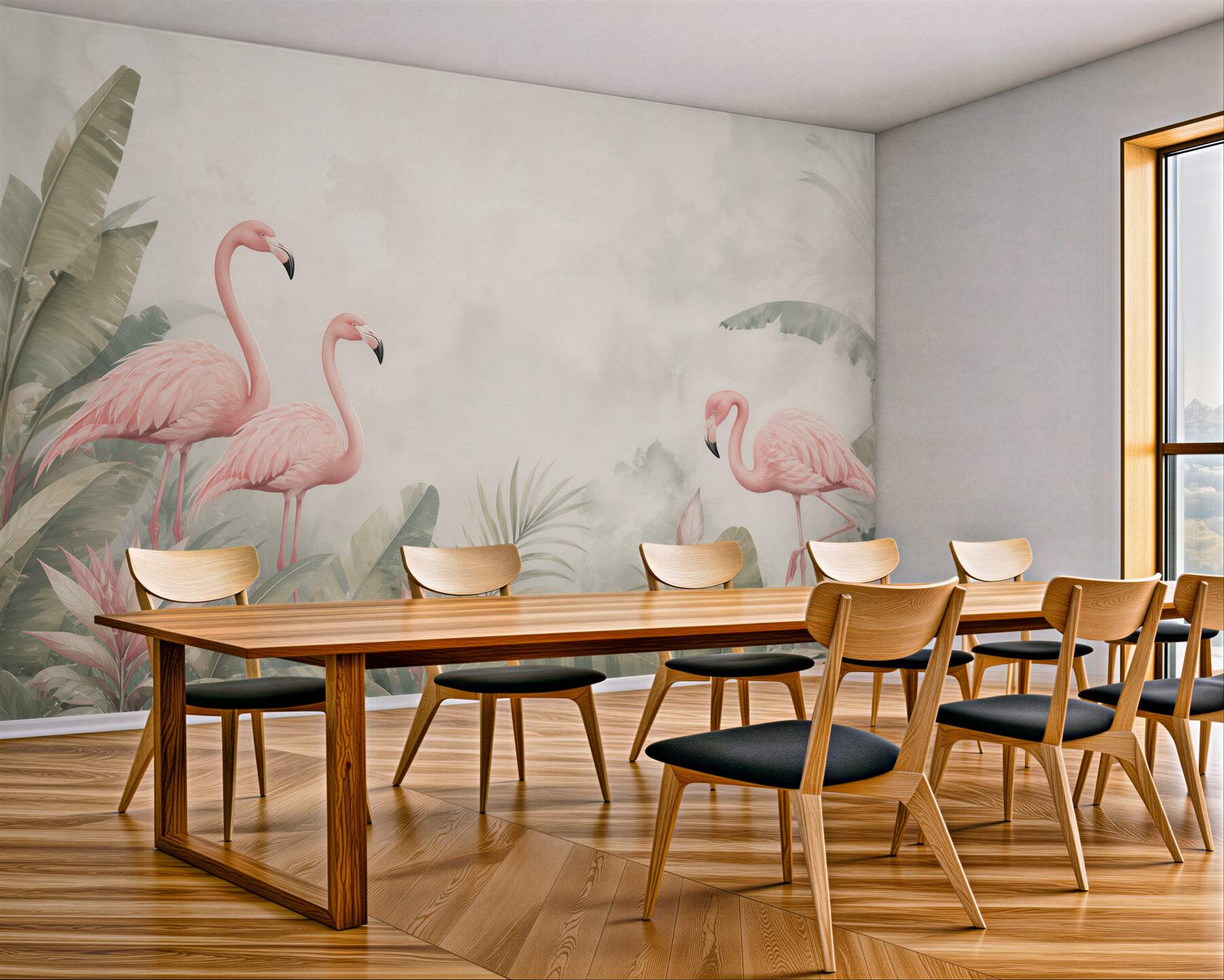Fototapeta różowe flamingi w tropikalnych liściach pastelowa