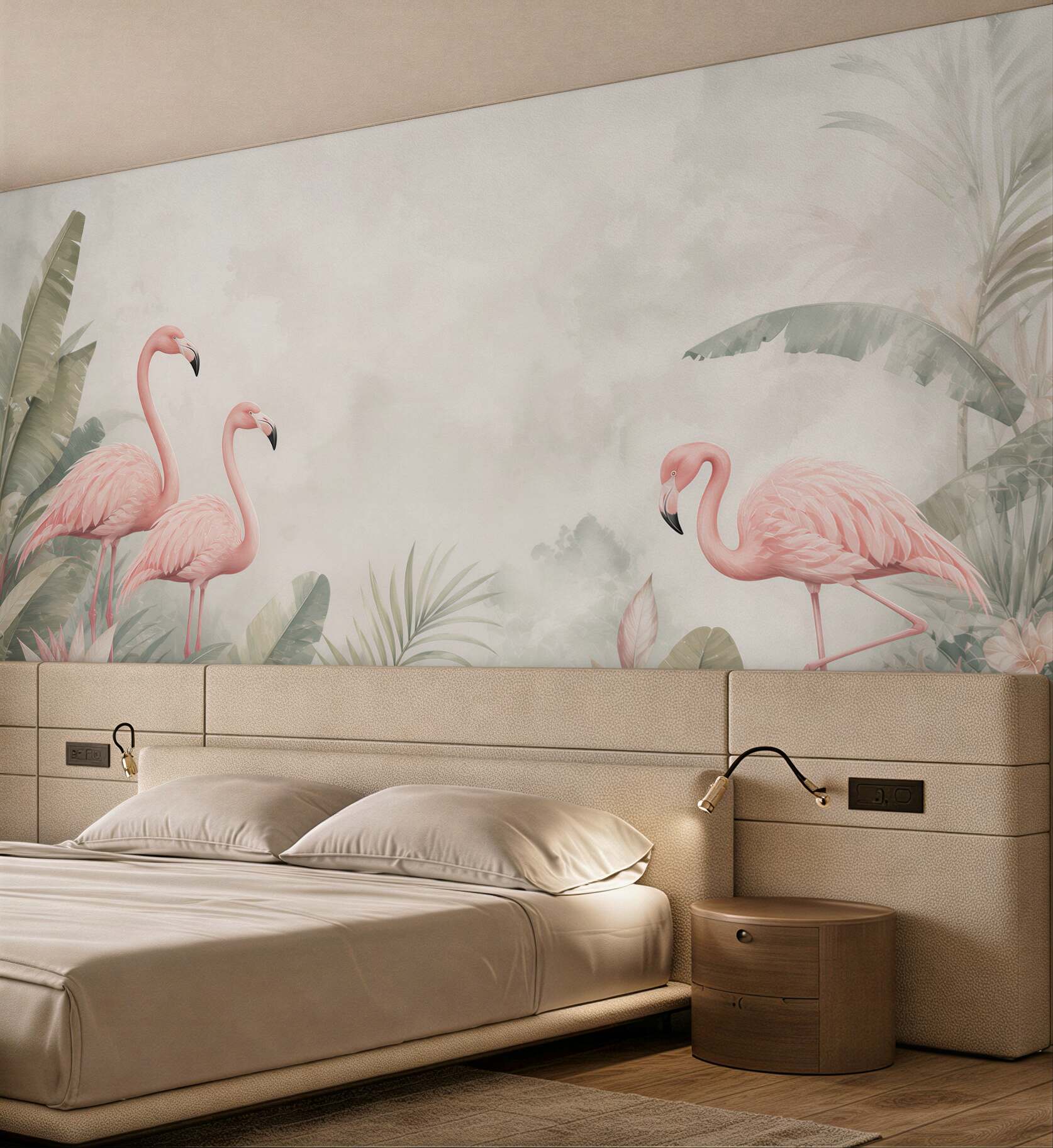 Fototapeta różowe flamingi w tropikalnych liściach pastelowa