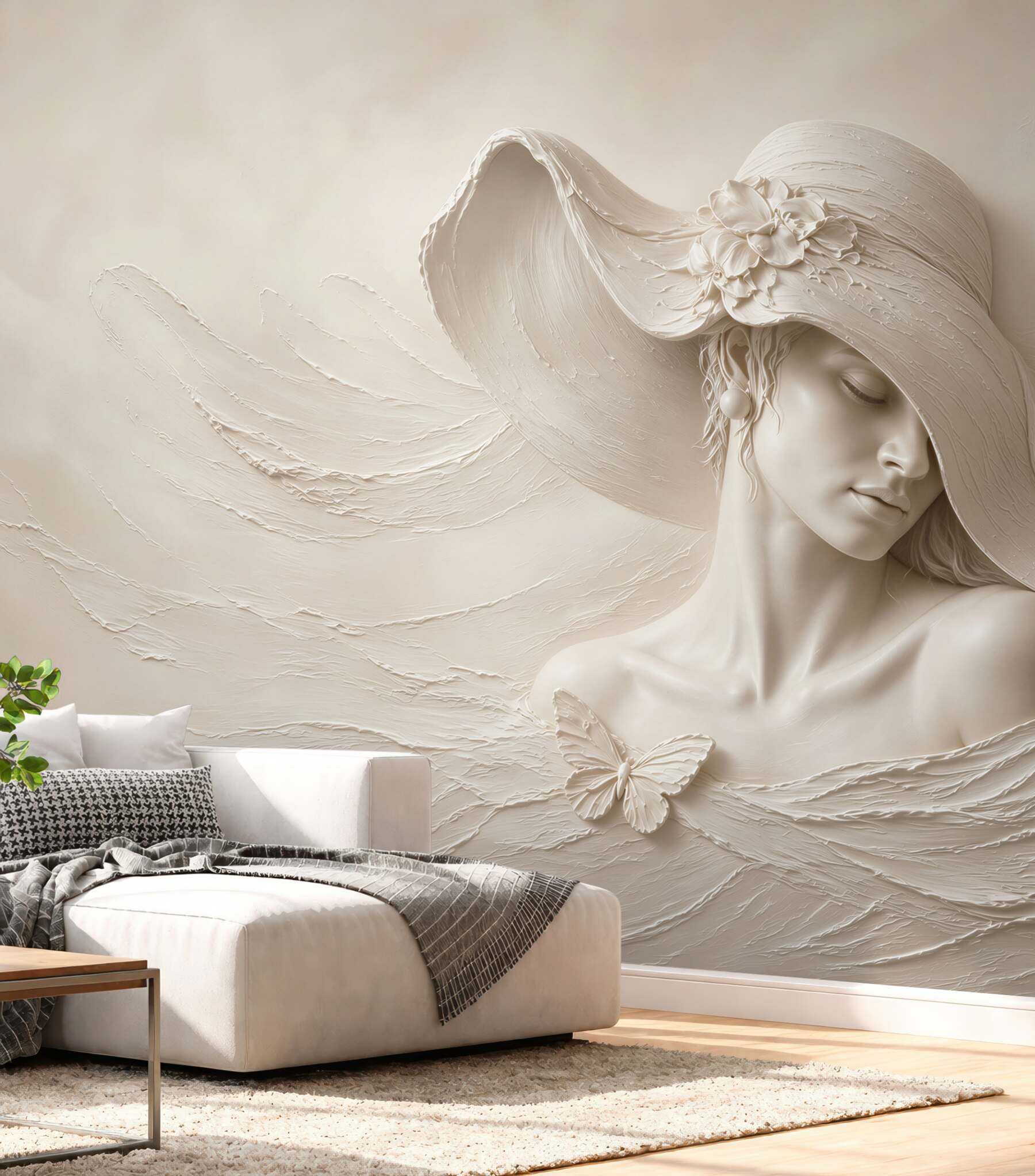 Fototapeta kobieta w kapeluszu z motylami beżowa elegancka 3D