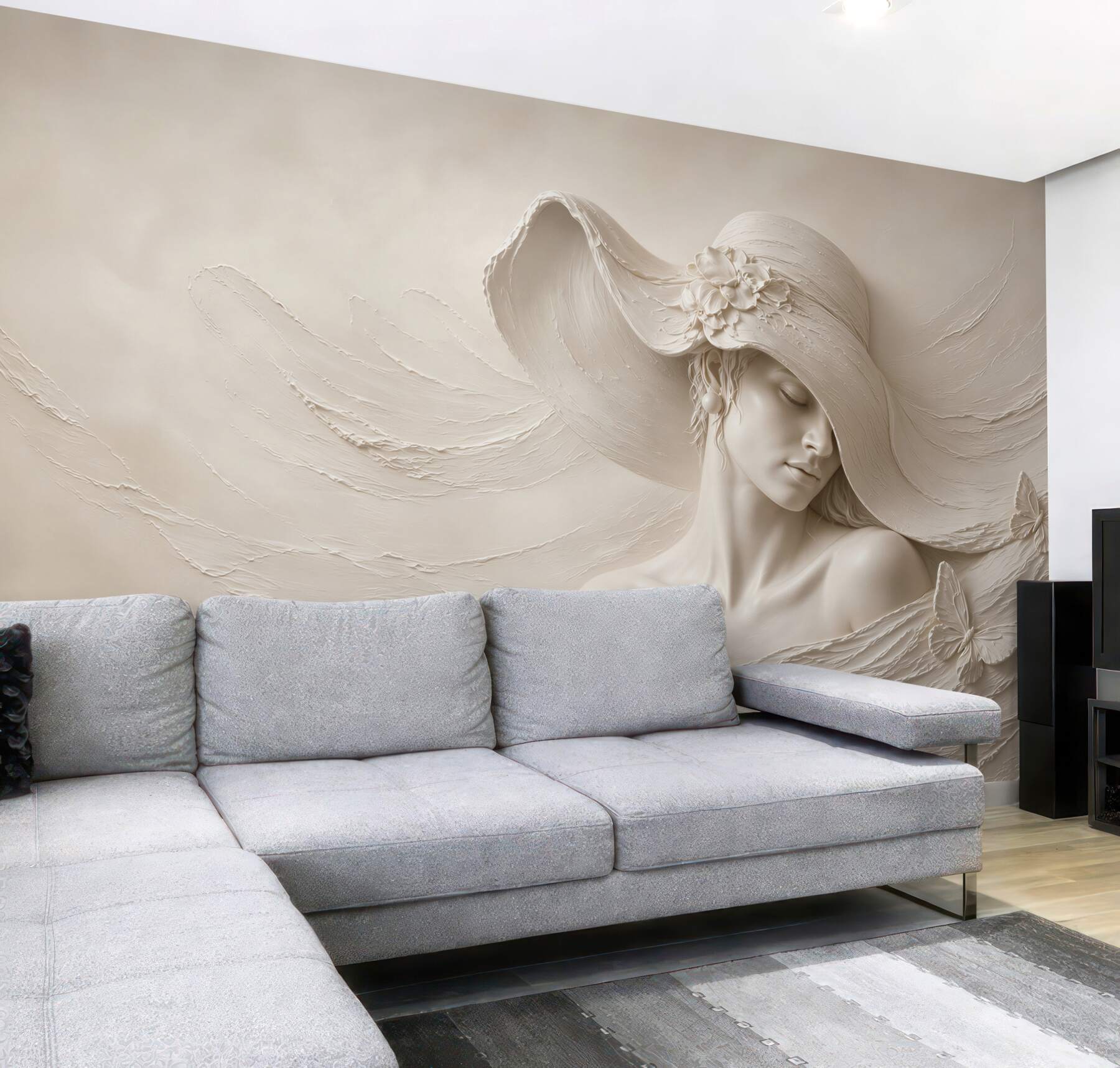 Fototapeta kobieta w kapeluszu z motylami beżowa elegancka 3D