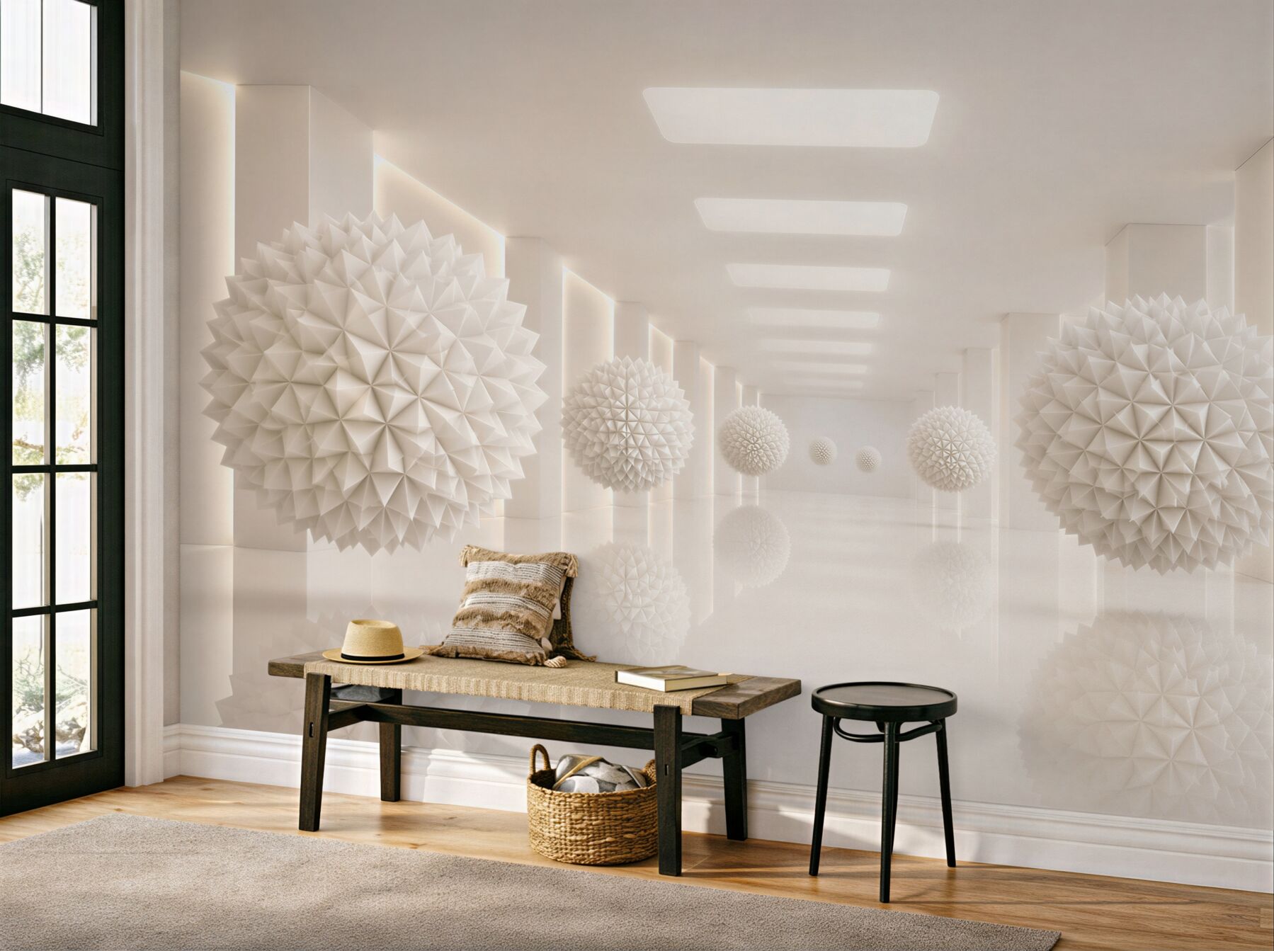 Fototapeta białe geometryczne kule w nowoczesnym wnętrzu 3D