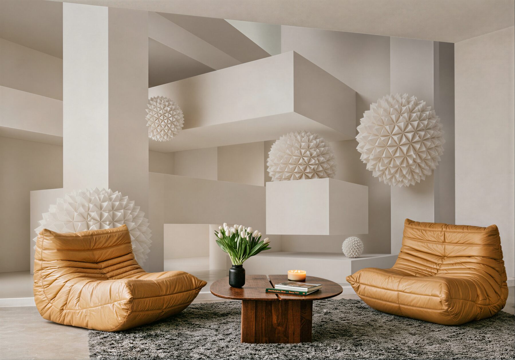 Fototapeta geometryczna abstrakcja 3D z białymi kulami nowoczesna