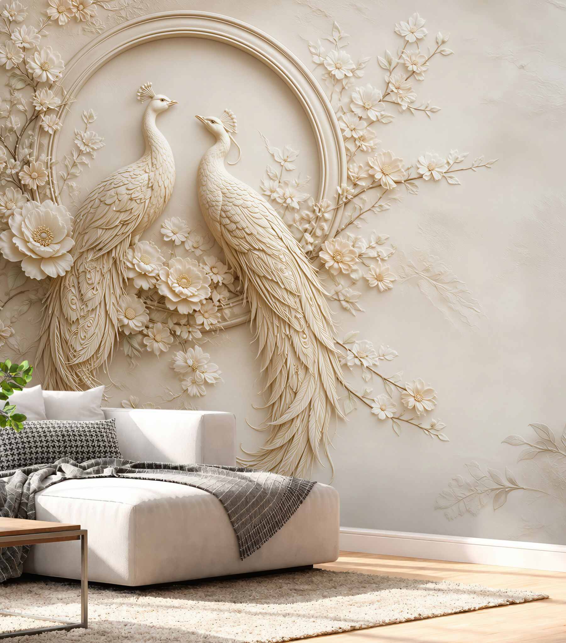 Fototapeta pawie w kwiatach beżowa elegancja w stylu 3D
